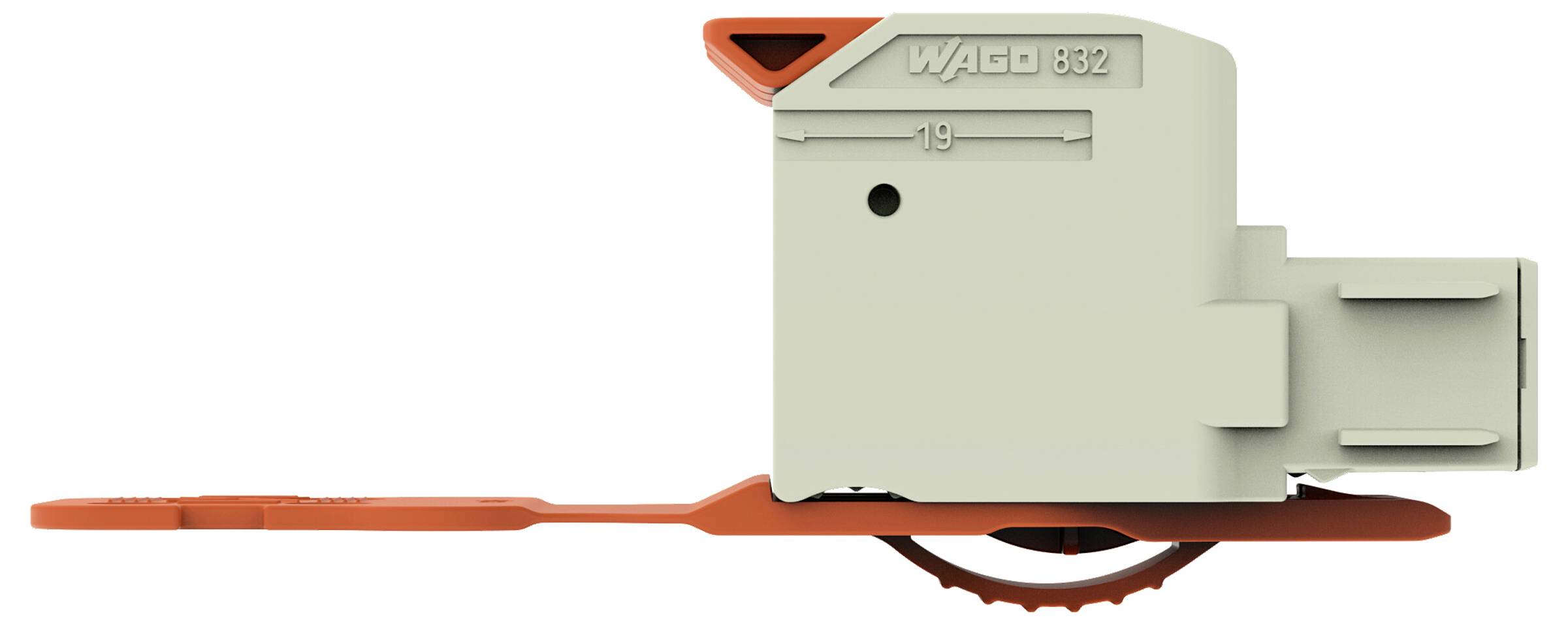 Ein grauer und orangefarbener Wago-Elektrosteckverbinder mit einem Hebel zur Drahteinführung, Seitenansicht mit der Modellnummer „862