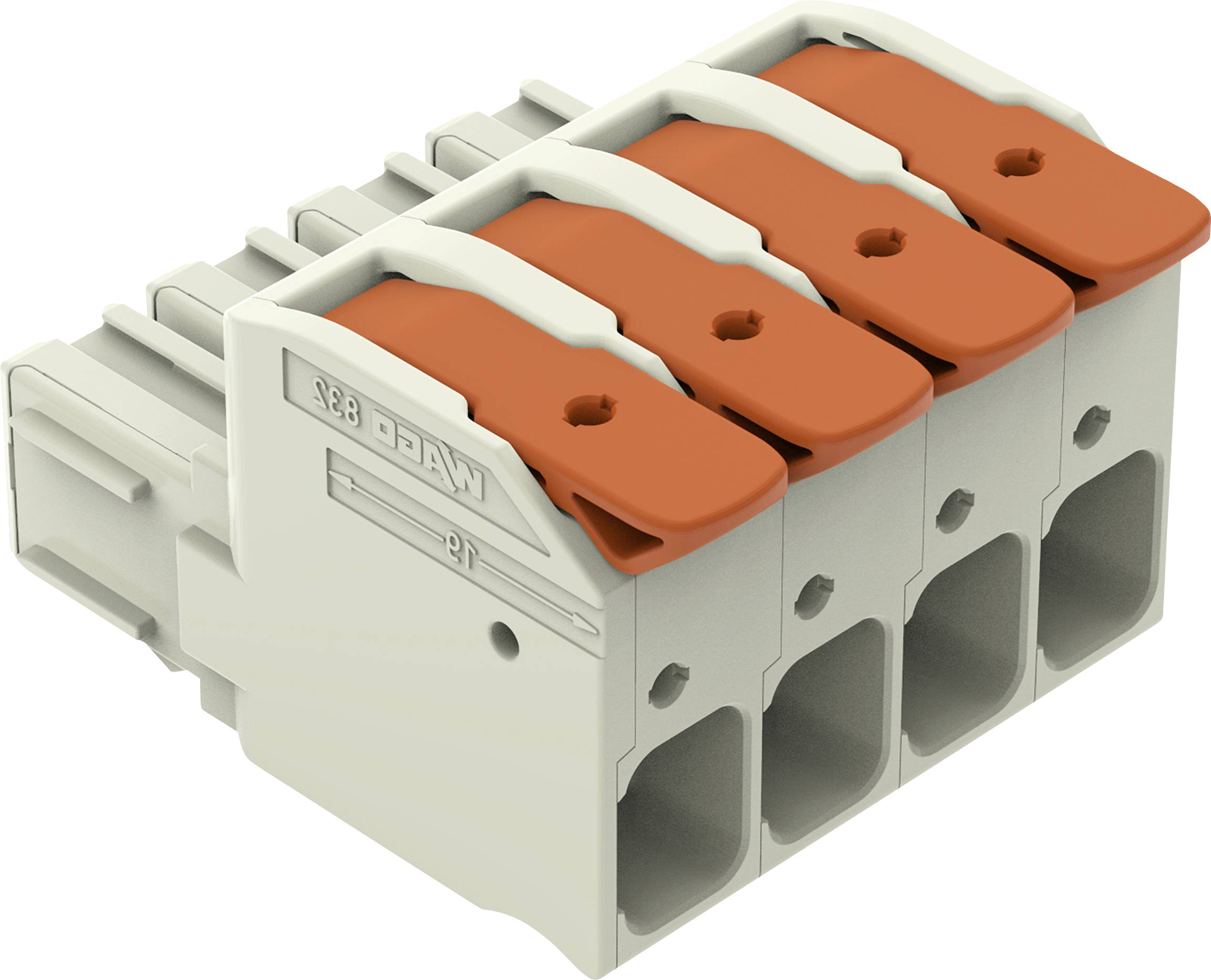Ein vierfach Hebelklemmenleiste mit orangefarbenen Hebeln, verwendet zum sicheren Anschluss von Elektrokabeln in einer Schaltung.