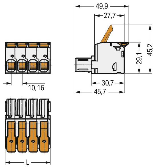 Technische Zeichnung des Elektrosteckers mit Abmessungen: Breite 49,9 mm, Höhe 45,2 mm, Tiefe 45,7 mm und Pinabstand 10,16 mm.