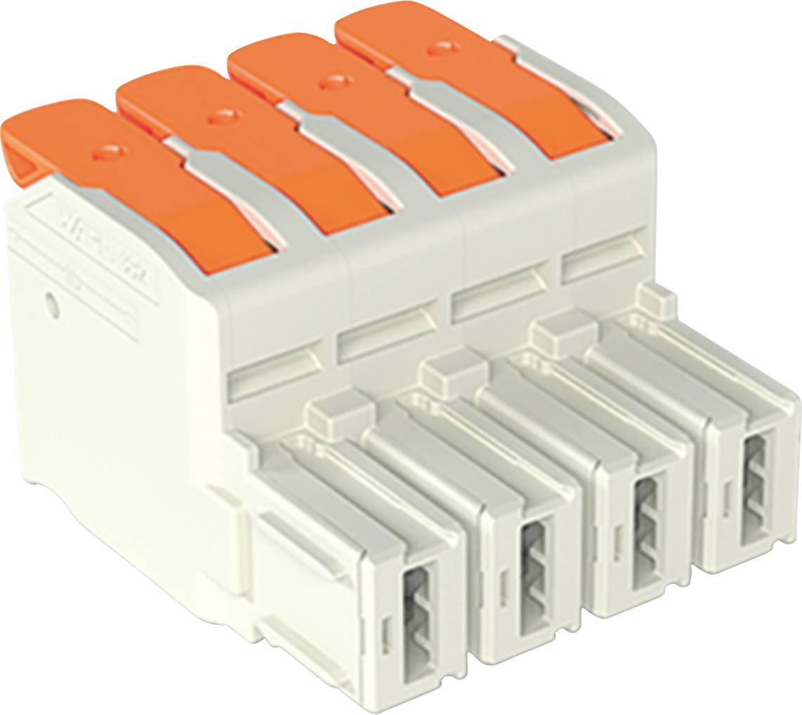 Ein Fünf-Draht-Steckverbinder mit orangefarbenen Hebeln, verwendet zum sicheren Befestigen von Elektrokabeln an Ort und Stelle.