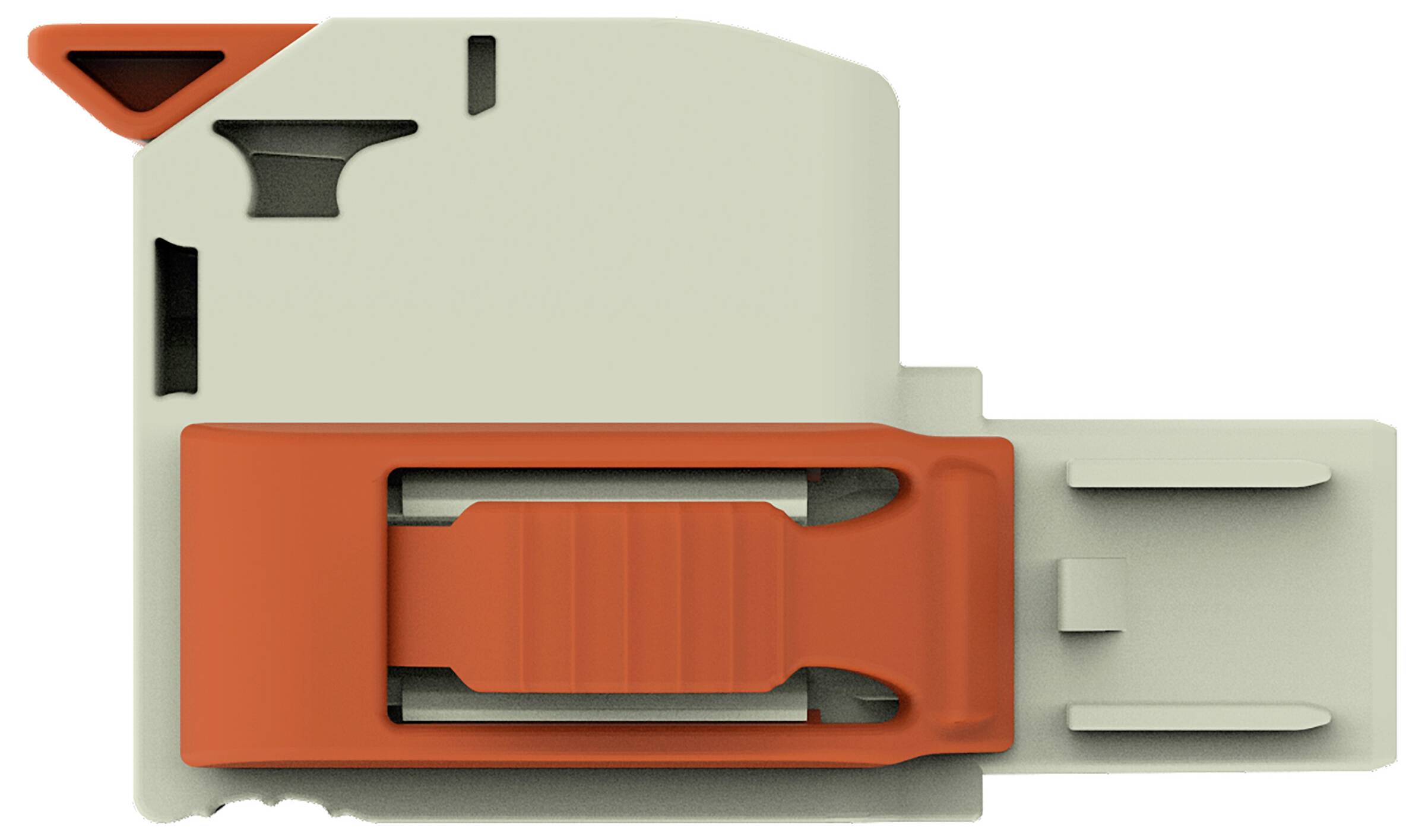 Ein orange-weißer elektrischer Stecker mit zwei Schlitzen zur Drahteinführung, von vorne betrachtet.