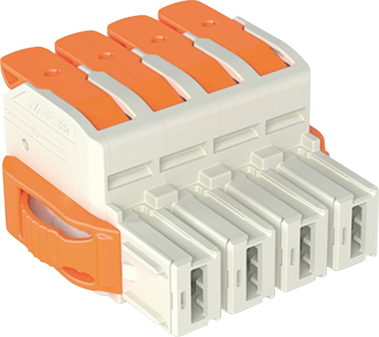 Ein orange-graues Terminalblock mit fünf Anschlüssen, entwickelt für sichere und einfache Elektrokabelverbindungen.