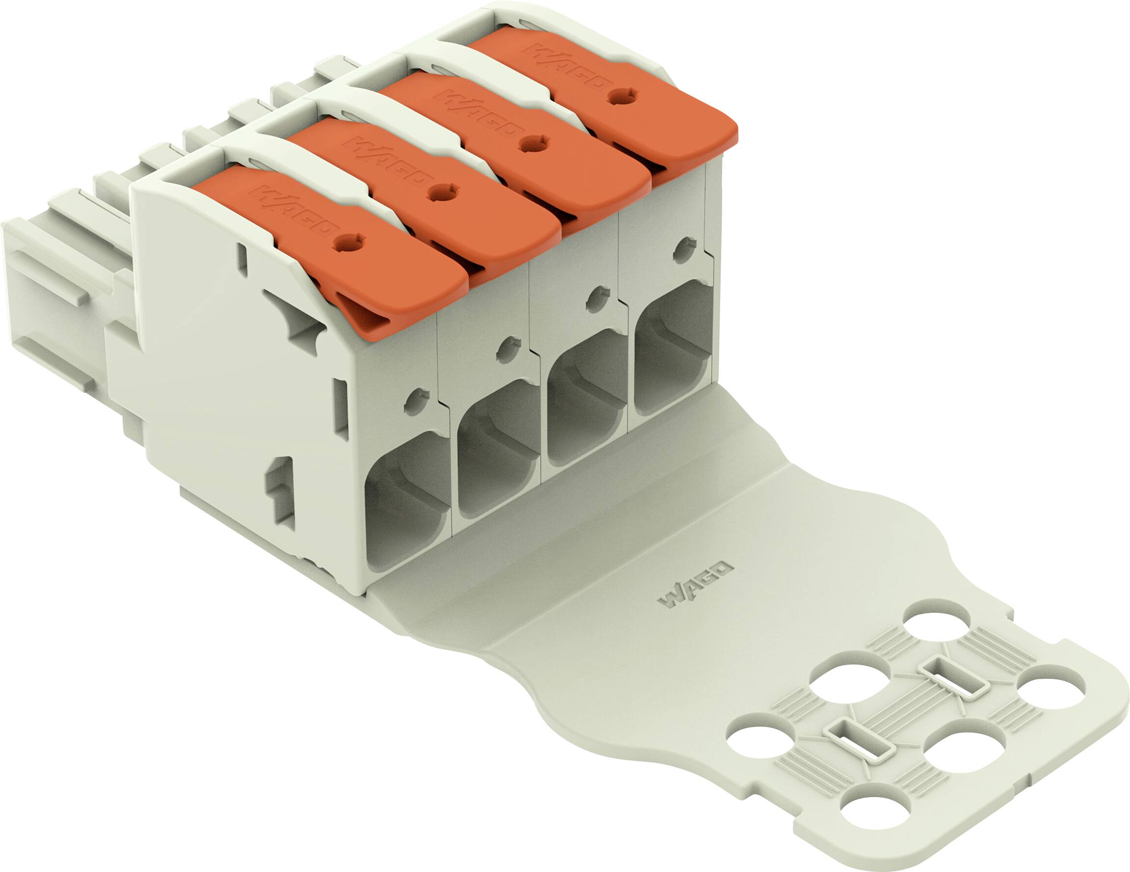 Ein grauer Elektrostecker mit vier orangefarbenen Hebeln, entwickelt für einfaches Einfügen von Drähten und sichere Verbindung.