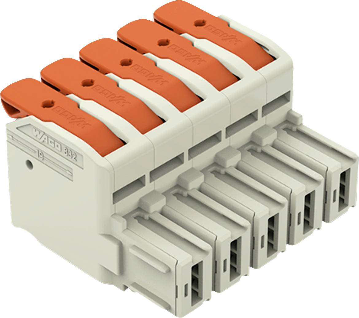 WAGO-Elektroklemme mit fünf Anschllusspunkten, ausgestattet mit orangefarbenen Hebeln für sichere Drahtverbindung und -entlastung.