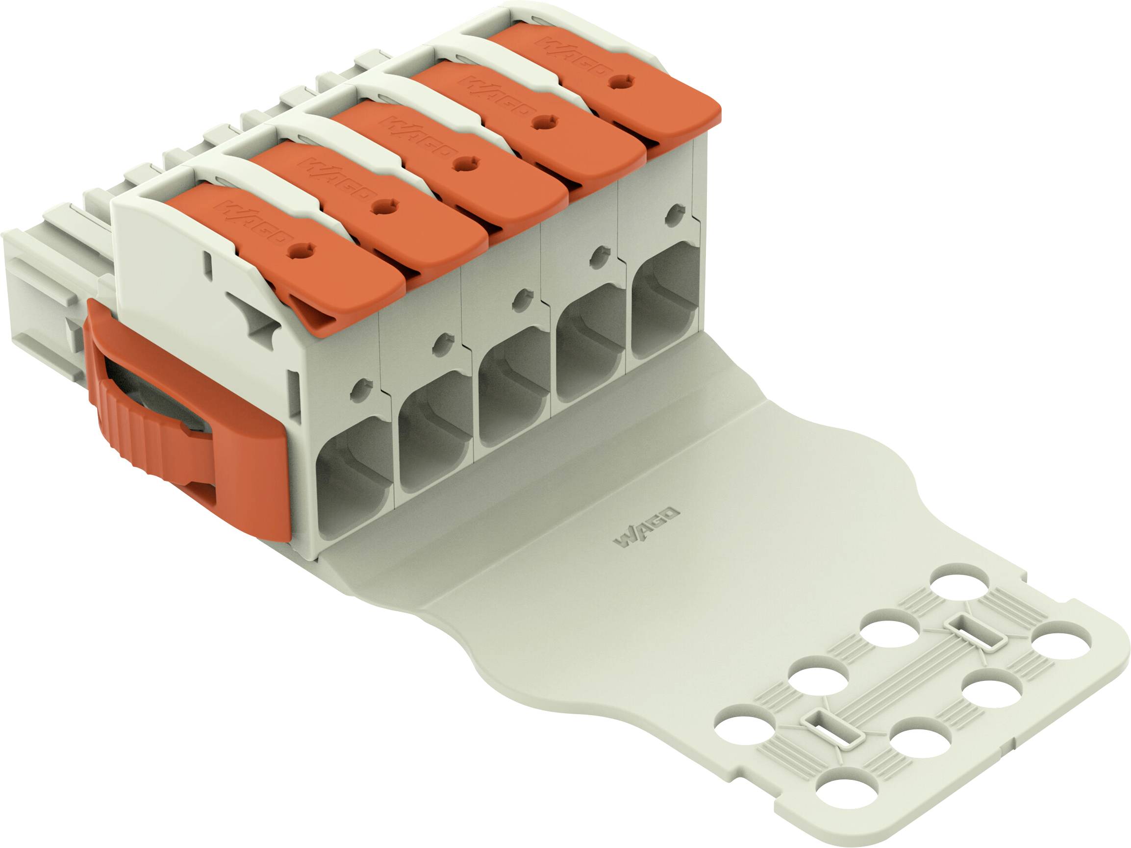 Ein kompakter fünfpoliger Drahtverbinder mit orangefarbenen Hebeln, konzipiert für sichere, werkzeuglose elektrische Verbindungen.