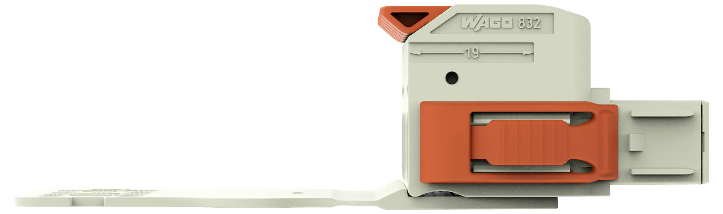 Ein Wago 352 Stecker in Weiß und Orange, Seitenansicht mit Verriegelungsmechanismus und kompaktem Design für elektrische Verbindungen.