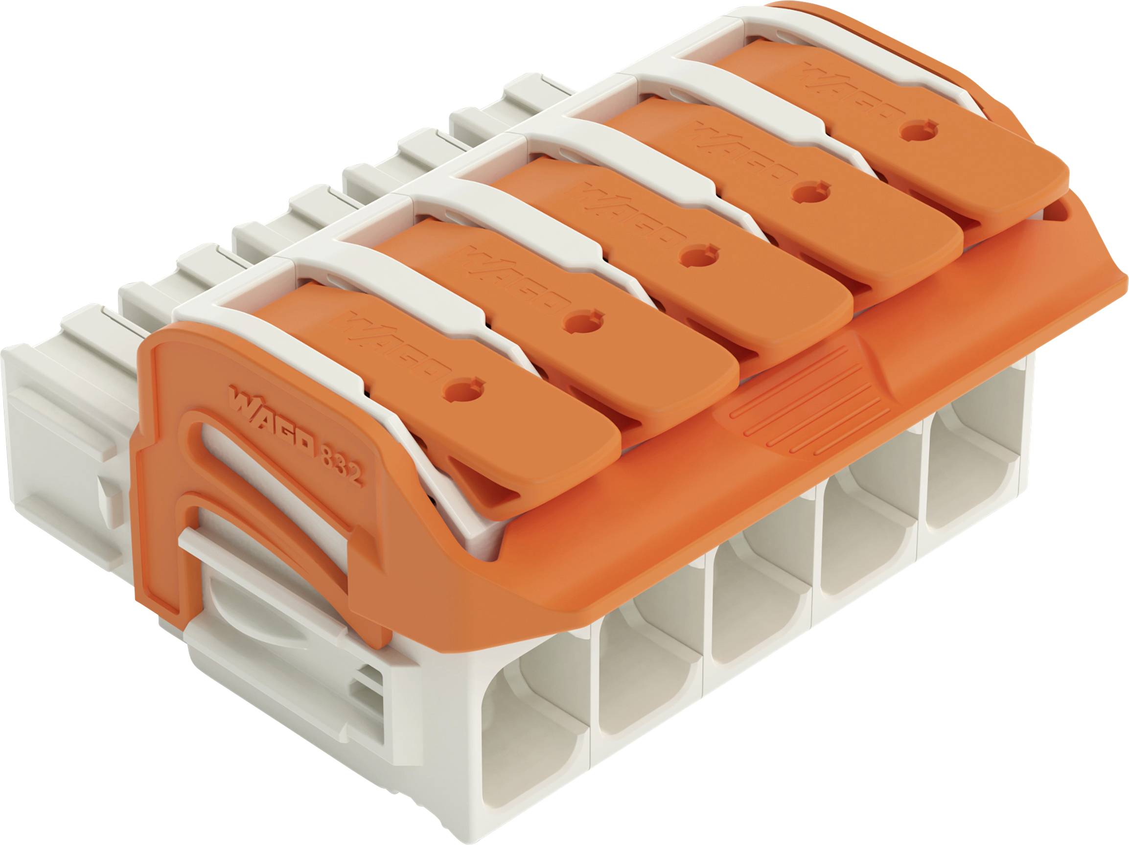 Ein orange-weißer elektrischer Anschlussblock mit mehreren Anschlüssen, entworfen für sichere Drahtverbindungen, dargestellt auf weißem Hintergrund.