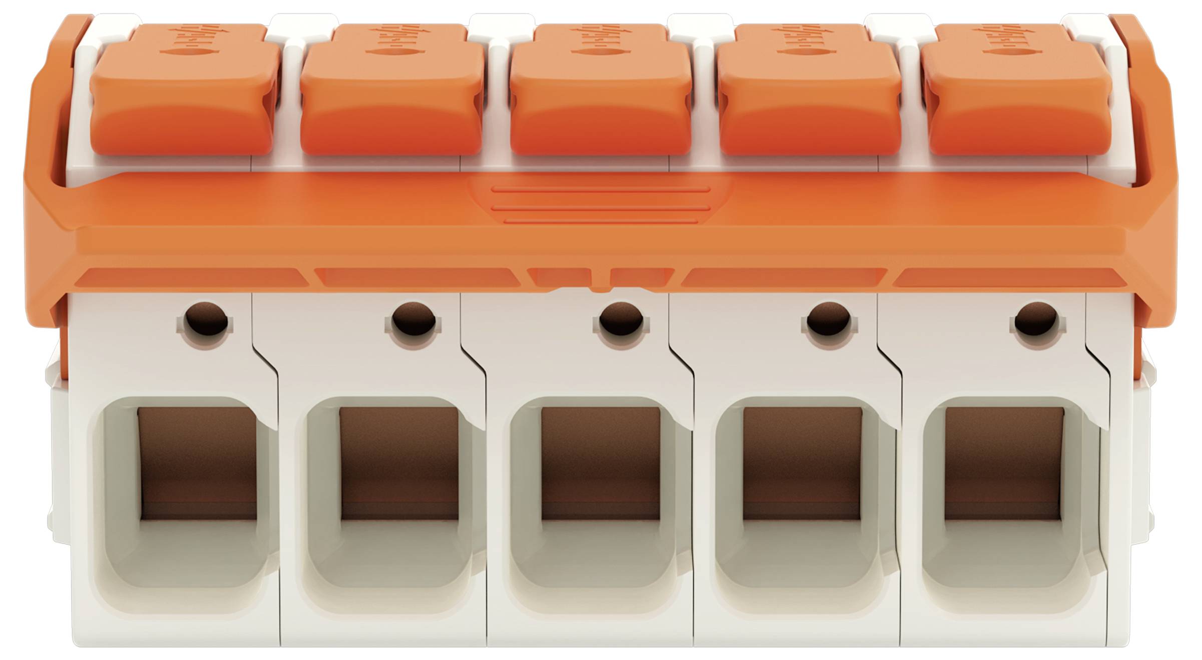 Ein orange-weißes Klemmleistengehäuse mit fünf Anschlüssen und orangen Hebelbetätigern zum Einschieben und Entfernen von Drähten.
