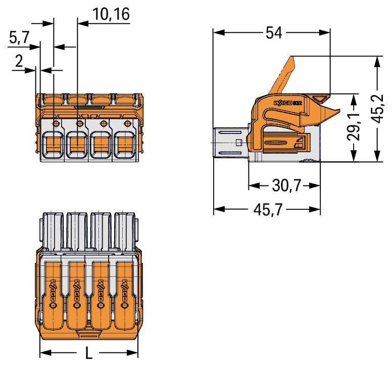 Technische Zeichnung eines elektrischen Steckers mit Abmessungen: Breite 10,16 mm, Länge 30,7 mm, Höhe 54 mm und weitere Messungen.