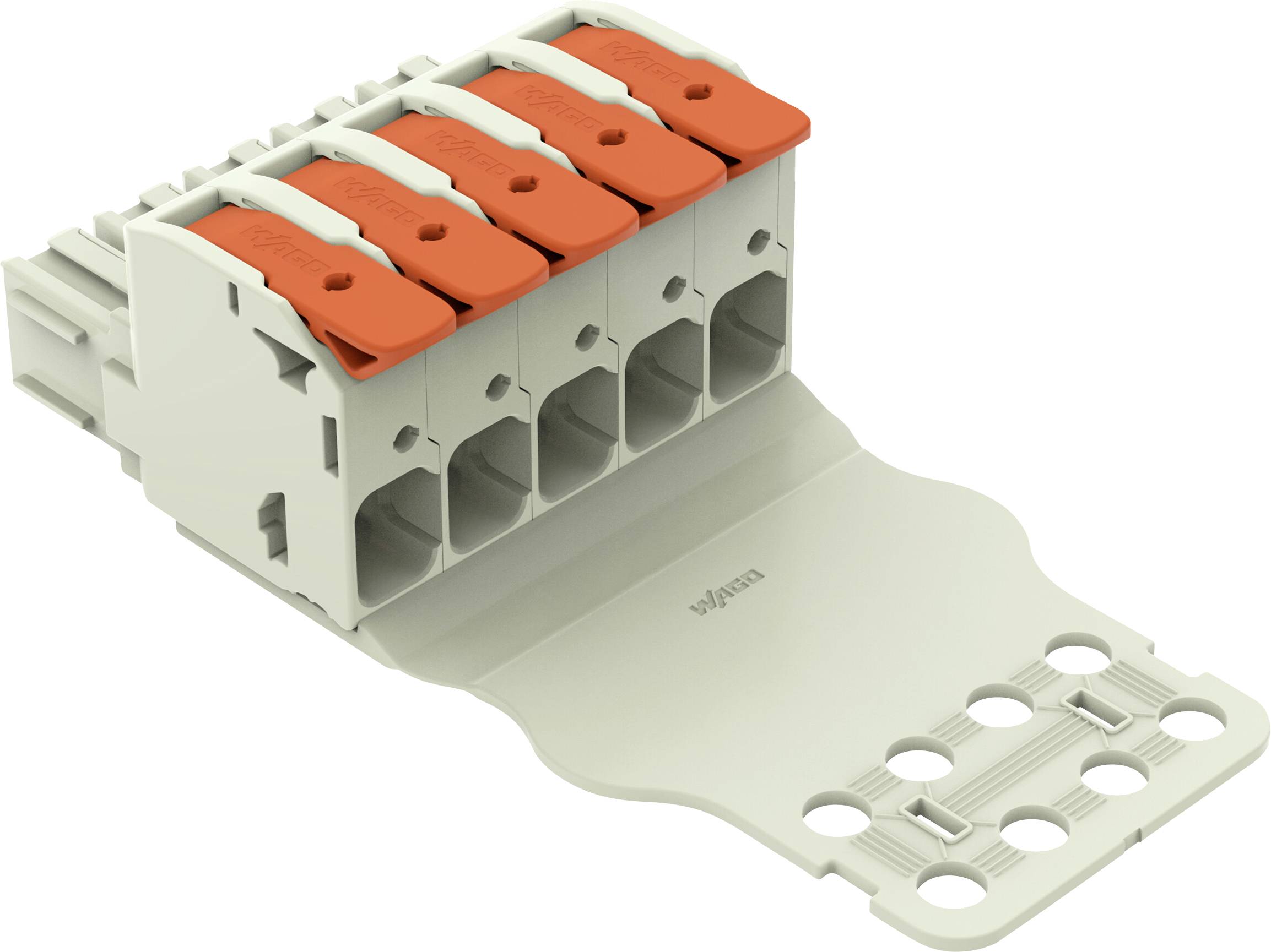 Ein weiß und orange gefärbter elektrischer Klemmblock mit fünf Steckklemmen, entwickelt für sichere Drahtverbindungen in elektrischen Installationen.
