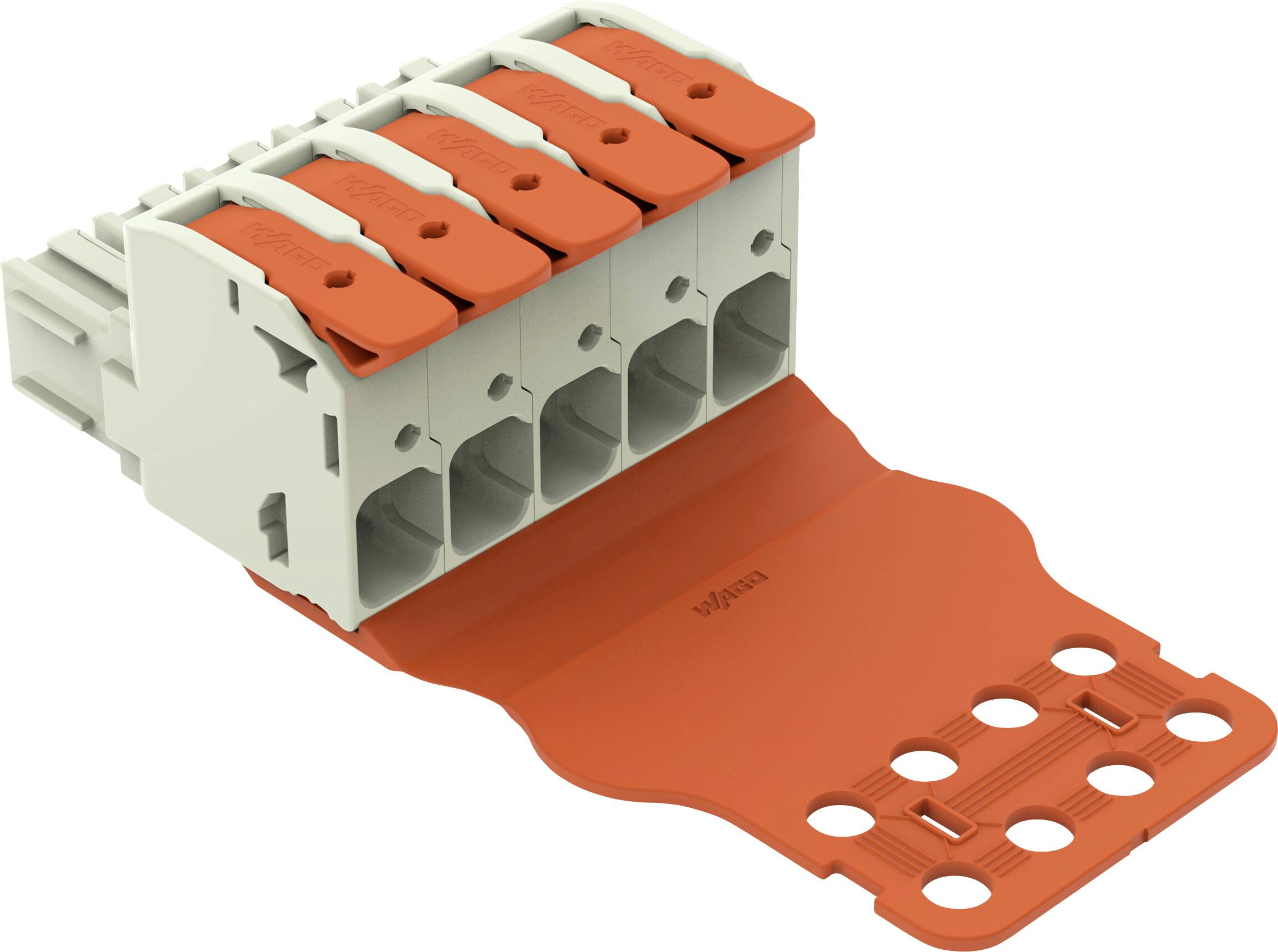 Ein fünf-poliger Elektroklemmblock mit orangefarbenen Hebeln und einer abnehmbaren orangefarbenen Abdeckung, der für Drahtverbindungen in elektrischen Systemen verwendet wird.