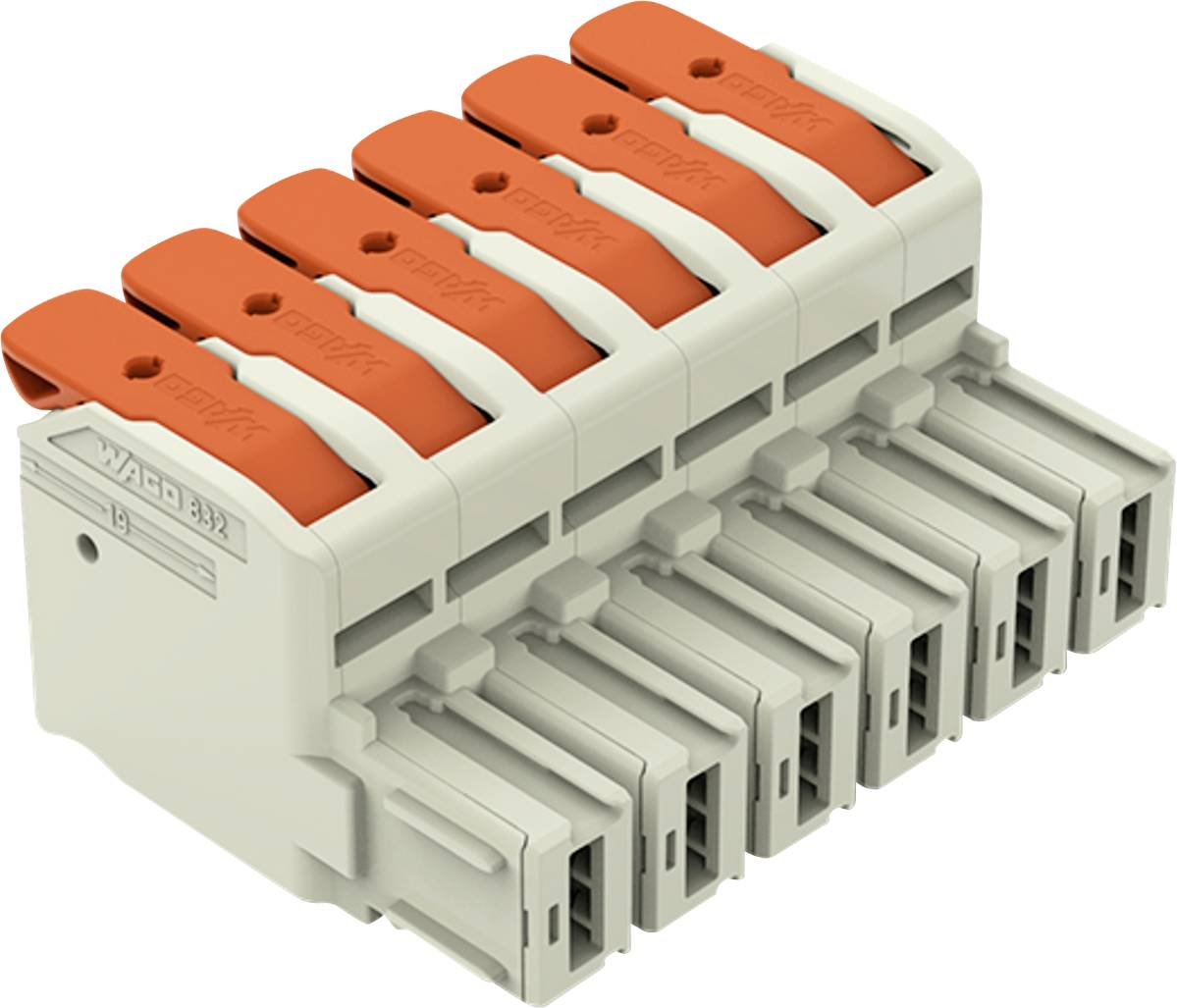 Ein modularer elektrischer Steckverbinder mit sechs orangefarbenen Hebeln auf weißer Basis, der zum Befestigen und Verbinden von elektrischen Drähten verwendet wird.