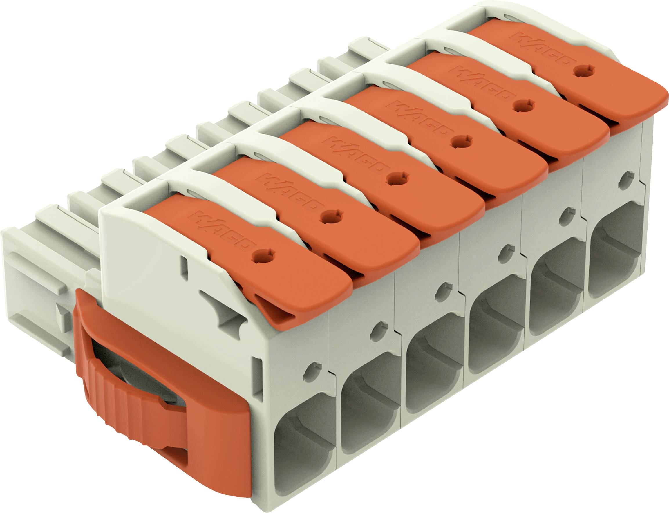 Elektrischer Stecker mit sechs Buchsen, jede mit einem orangefarbenen Hebel zum Befestigen von Drähten. Die Stecker sind modular und ineinander greifend.