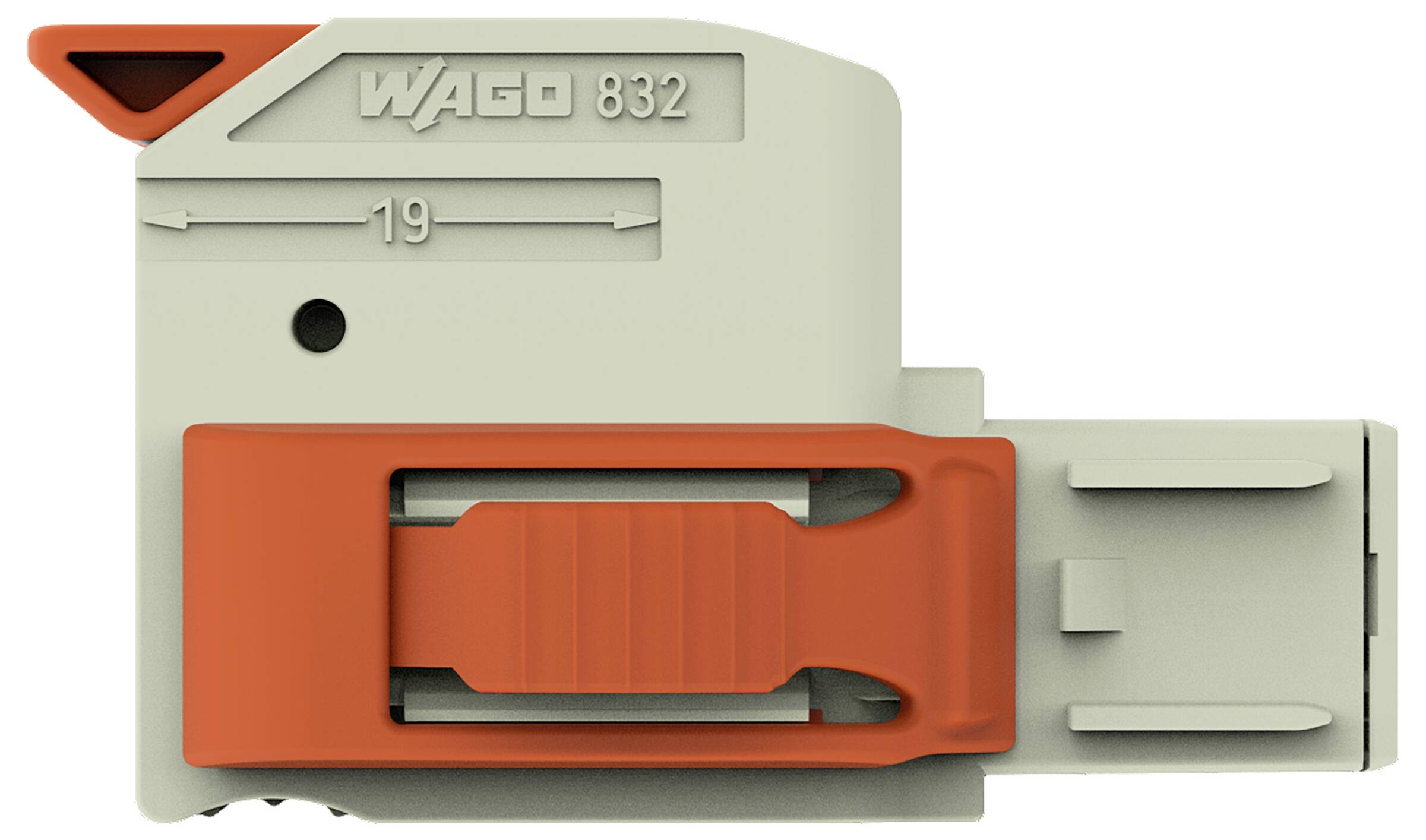 Seitenansicht eines WAGO 832 Elektrokabelsteckers mit dargestelltem Druckhebelmechanismus, orangefarbenem Hebel und Schlitz für die Kabelverbindung.