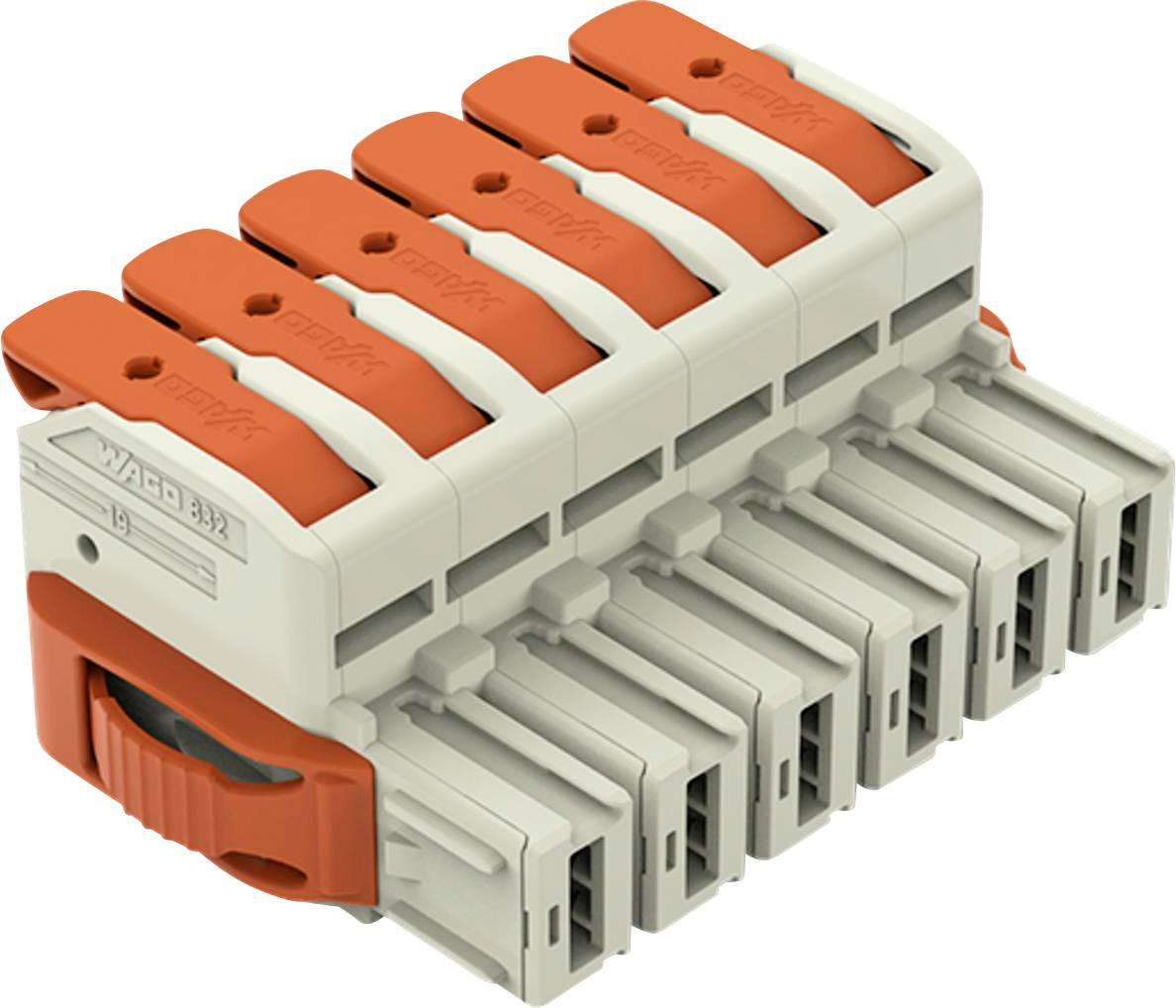 Ein sechspoliger elektrischer Stecker mit roten und grauen Hebeln zum Verdrahten, die Sicherheit erhöhen und sichere Verbindungen in elektrischen Installationen gewährleisten.