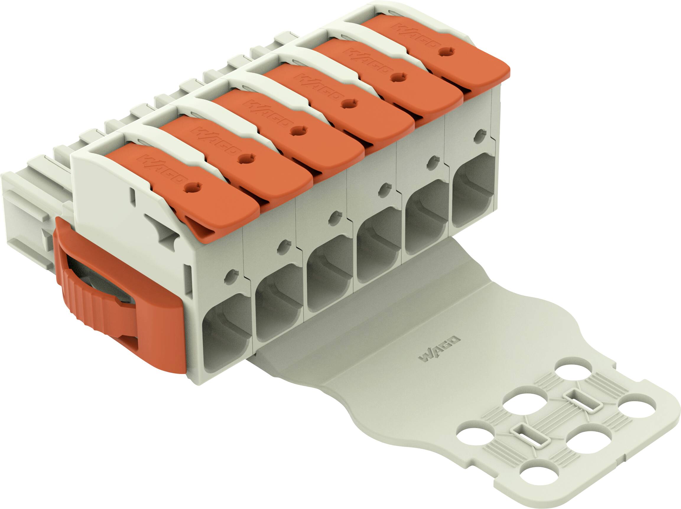 Ein sechspoliger Hebel-Klemmblock mit roten Hebeln, der zum effizienten und sicheren Anschluss von elektrischen Leitern verwendet wird.