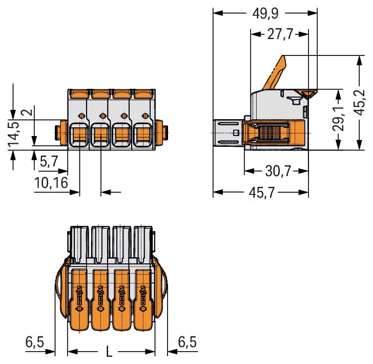 Technische Zeichnung eines Steckers mit Vorder-, Seiten- und Draufsicht; die Abmessungen umfassen eine Länge von 49,9 mm, eine Höhe von 29,1 mm und eine Breite von 27,7 mm.