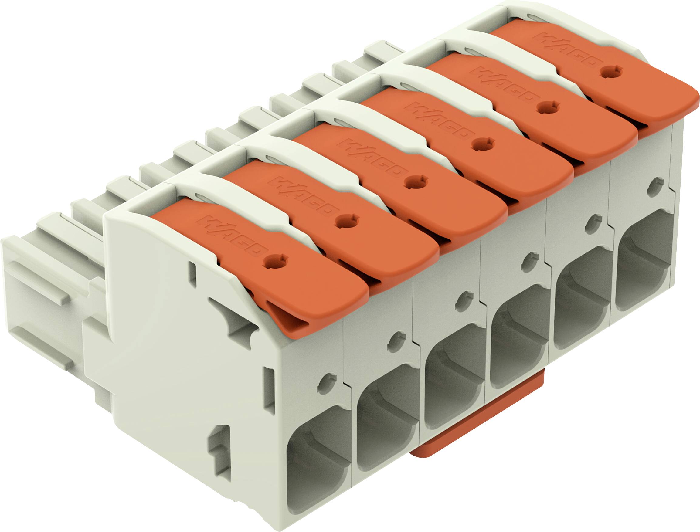 Weiß-oranges Elektroverbindungsblocks mit mehreren Schlitzen für Verdrahtungsverbindungen, verwendet für sichere und organisierte elektrische Installationen.