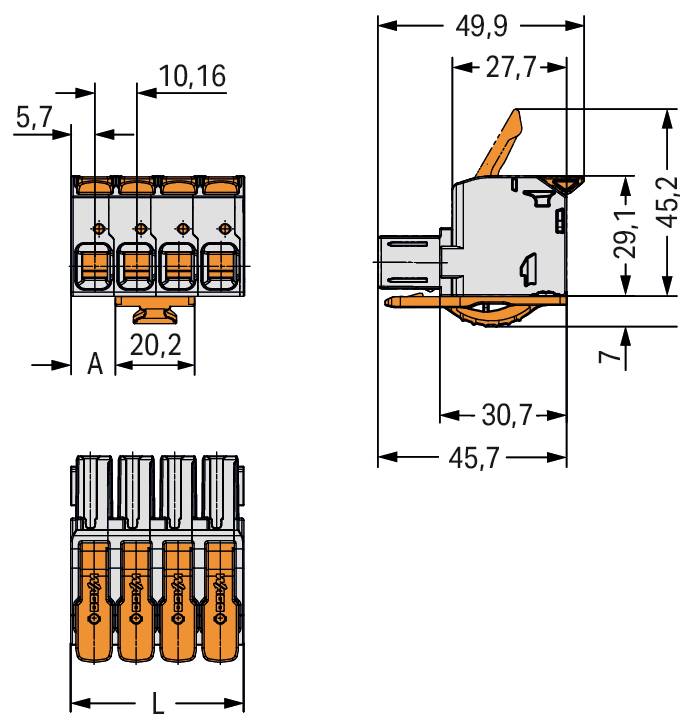 Technisches Schaubild eines 5-poligen elektrischen Steckers. Enthält Seiten- und Draufsichten mit Abmessungen: 10,16 mm Breite, 20,2 mm Länge, 45,7 mm Höhe.