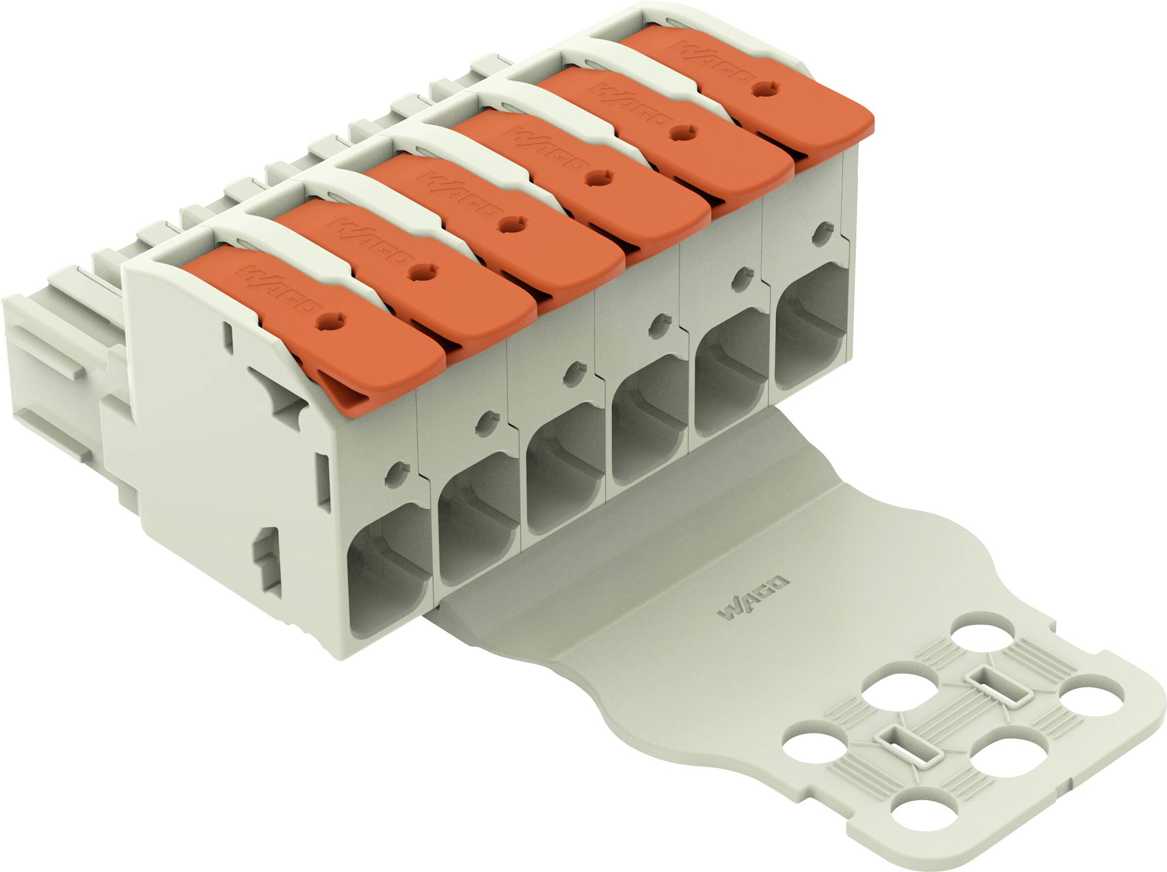 WAGO 2606 Hebel-Klemmleiste mit orangefarbenen Hebeln und sechs grauen Anschlussöffnungen, verwendet für elektrische Drahtverbindungen.