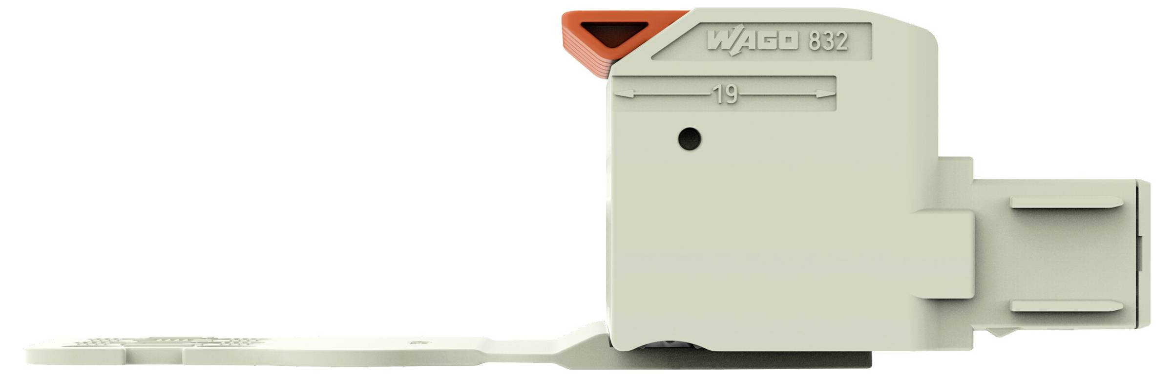 Seitenansicht eines WAGO 832-Elektrosteckers mit sichtbarem Hebel zur Verdrahtung. Der Stecker ist hellgrau und orange.