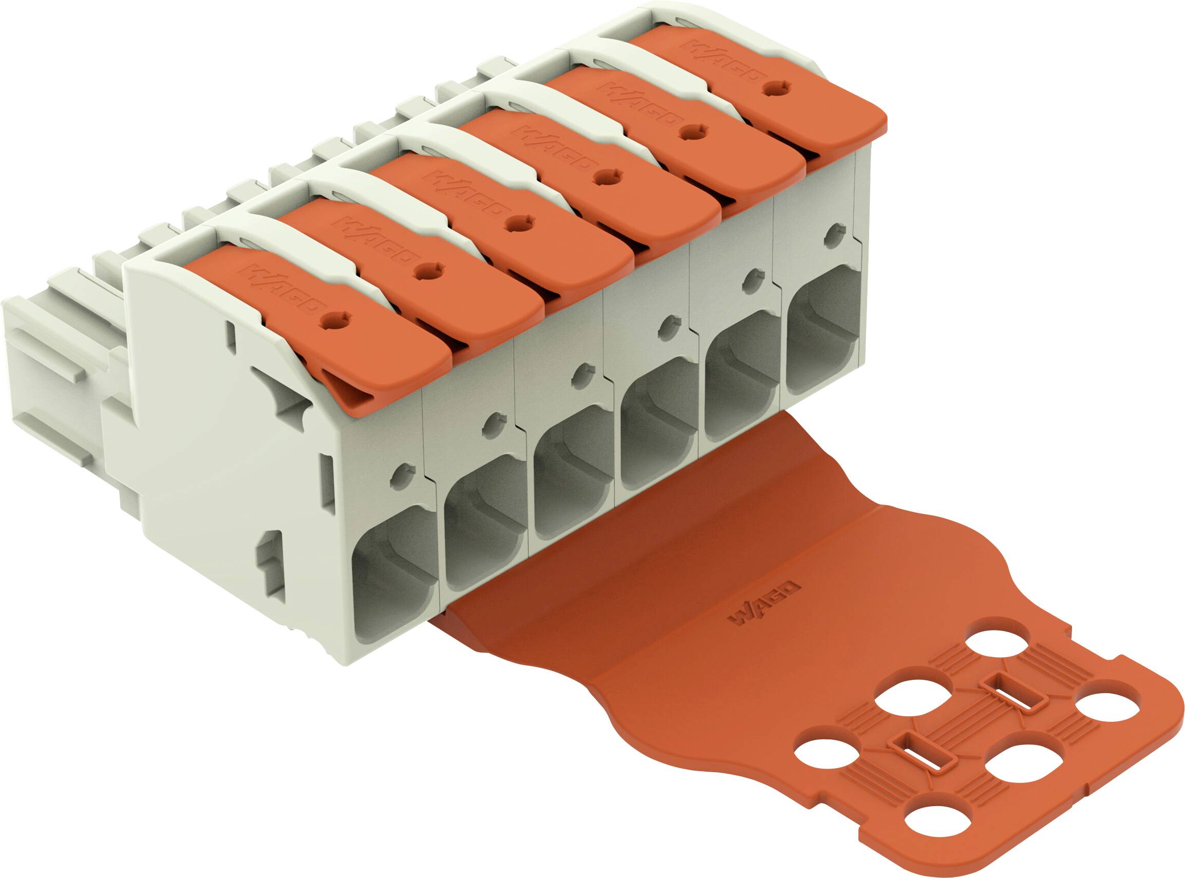 Ein weiß und orangefarbenes Elektroklemmboard mit sechs Anschlüssen und einem orangefarbenen Hebel zur sicheren Drahtbefestigung.