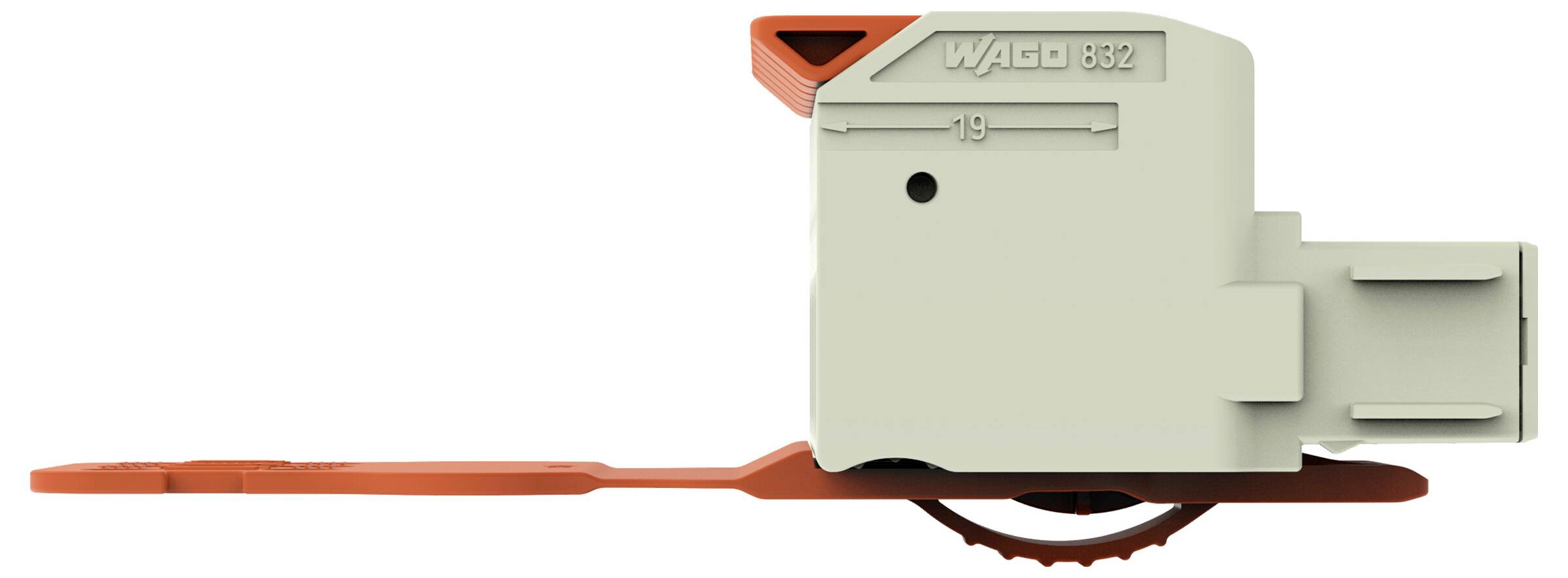 Eine Seitenansicht eines Electrical Connectors der WAGO 832 Serie mit einem verlängerten orangefarbenen Hebel, der für einfaches Einführen von Drähten und sichere Verbindung verwendet wird.