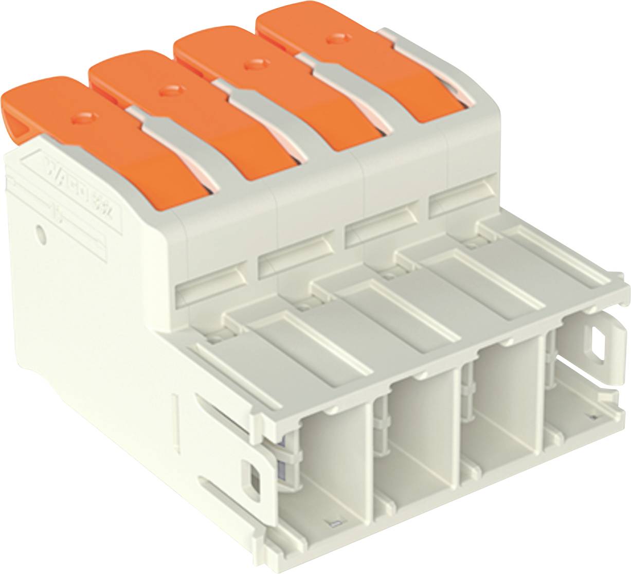 Ein vierpol-Klemmblock mit orangefarbenen Hebeln und grauem Gehäuse, der zum sicheren und zuverlässigen Verbinden von Elektrokabeln verwendet wird.