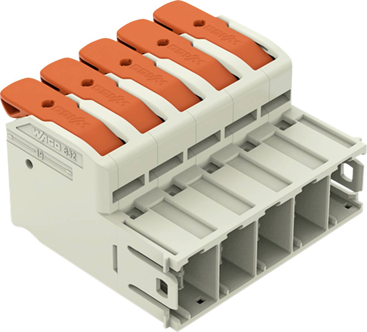 Ein Fünf-Hebel-Druckklemmen-Steckkonnector mit orangefarbenen Hebeln, gekennzeichnet mit 
