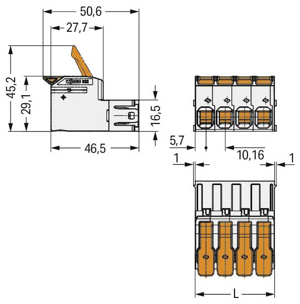Technisches Diagramm einer elektrischen Komponente mit Abmessungen: 50,6x46,5 mm, 29,1x45,2 mm, 16,5 mm, Steckerdetails mit den Bezeichnungen 1 bis 4.