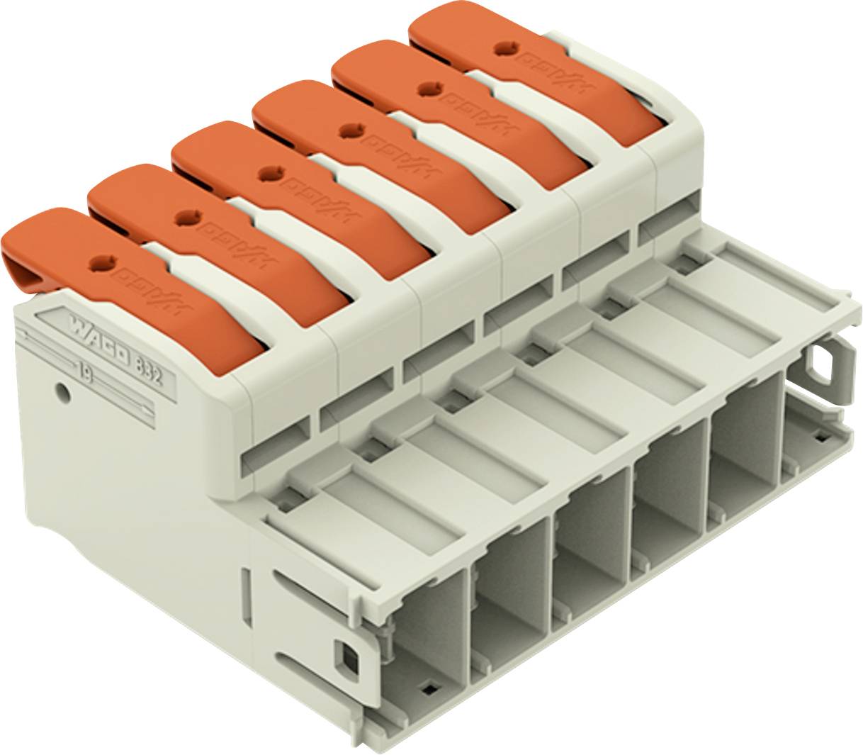Ein grau und rot gefärbter Kunststoff-Klemmblock mit fünf Anschlussplätzen, jeder mit einem Umschalthebel, der zur Sicherung von elektrischen Drähten verwendet wird.
