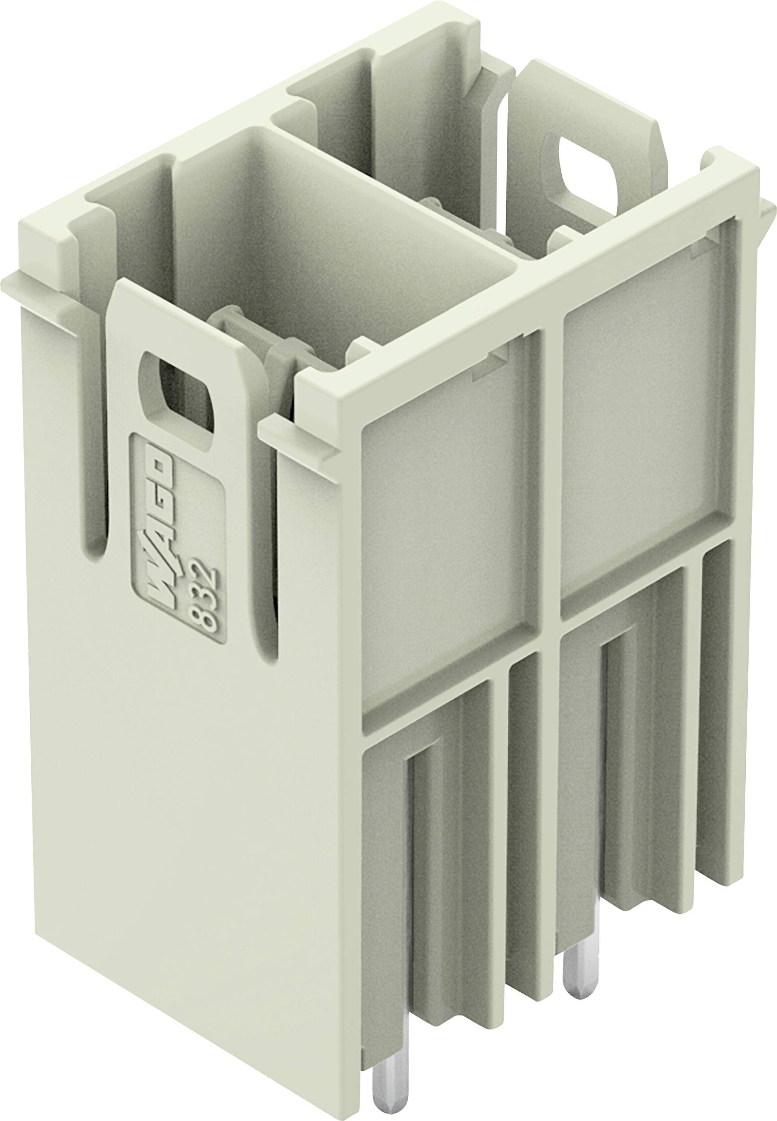 Grauer WAGO-Modularsteckblock mit vertikal angeordneten Steckkontakten und geprägtem Logo, verwendet für elektrische Verbindungen in Automatisierungssystemen.