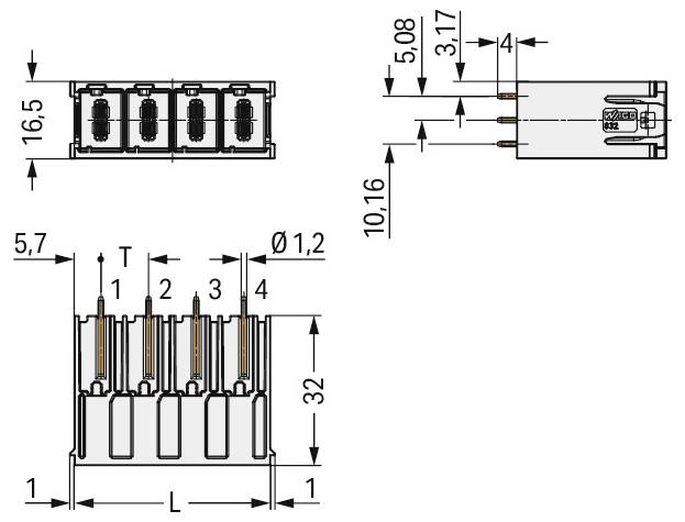 Technisches Schaltschema einer 4-poligen elektronischen Komponente. Draufsicht zeigt das Pin-Layout; Seitenansicht gibt Abmessungen an. Beschriftungen enthalten Messwerte in Millimetern.