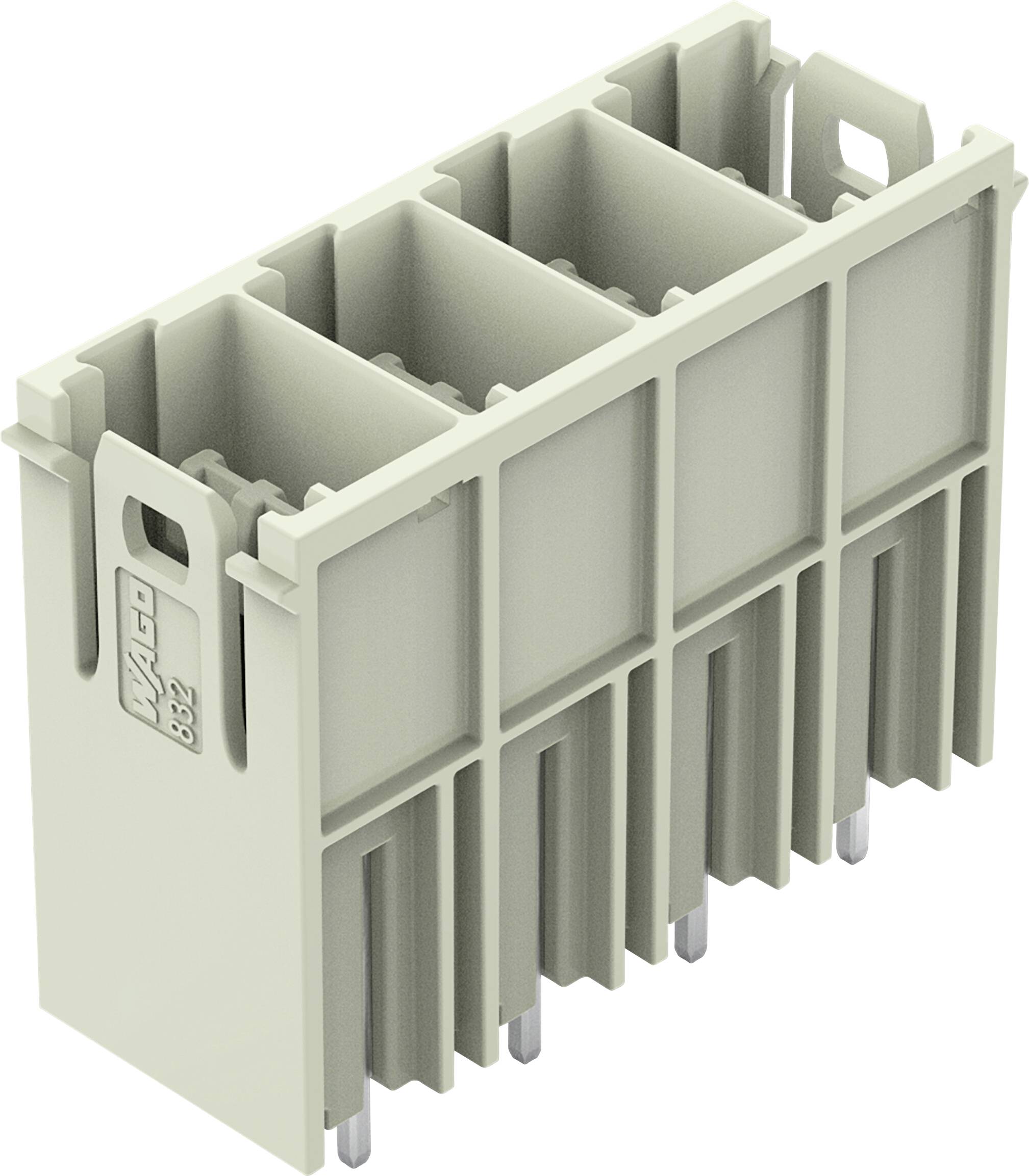 Ein graues, rechteckiges Industriesteckverbindungsteil mit vier vertikalen Schlitzen und Stiften, das für elektrische Verbindungen verwendet wird.