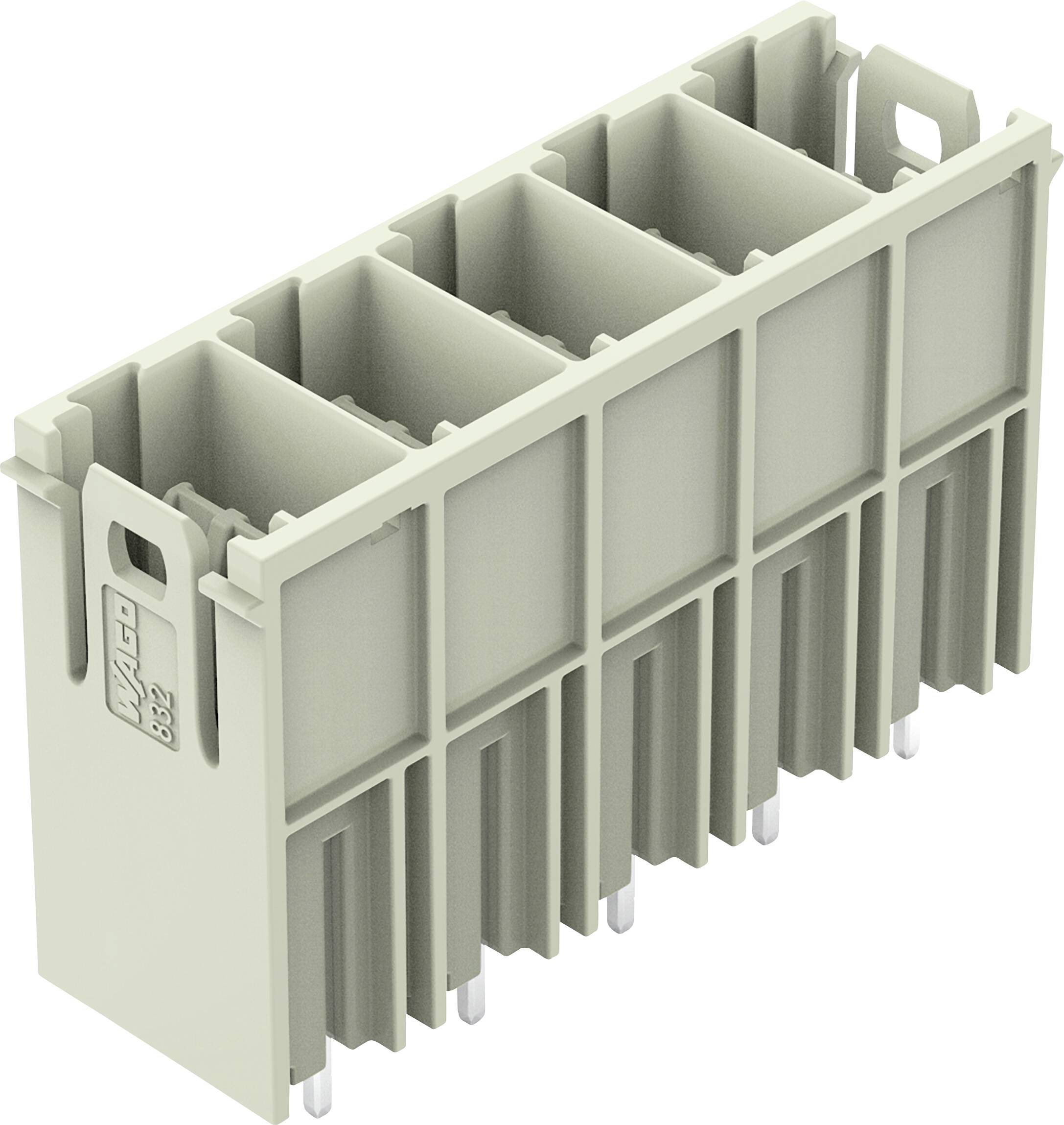 Ein grauer, rechteckiger elektronischer Sechsschacht-Stecker mit Metallstiften, die nach unten ragen. Auf einer Seite befindet sich ein kleines Etikett mit Symbolen.