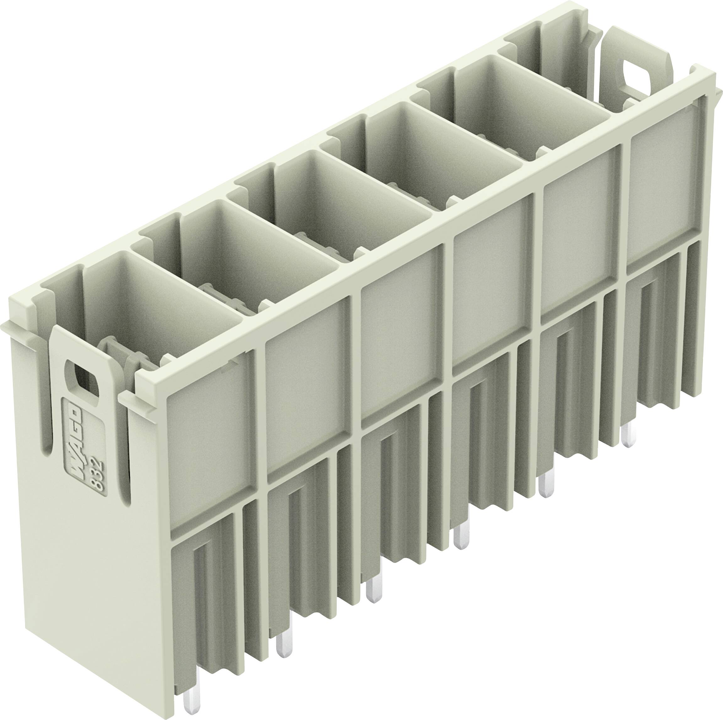 Ein beiger mehrreiher Steckverbinder mit acht Schlitzen und Metallstiften, mit einem Logo auf der Seite. Wird für Industrieanwendungen verwendet.