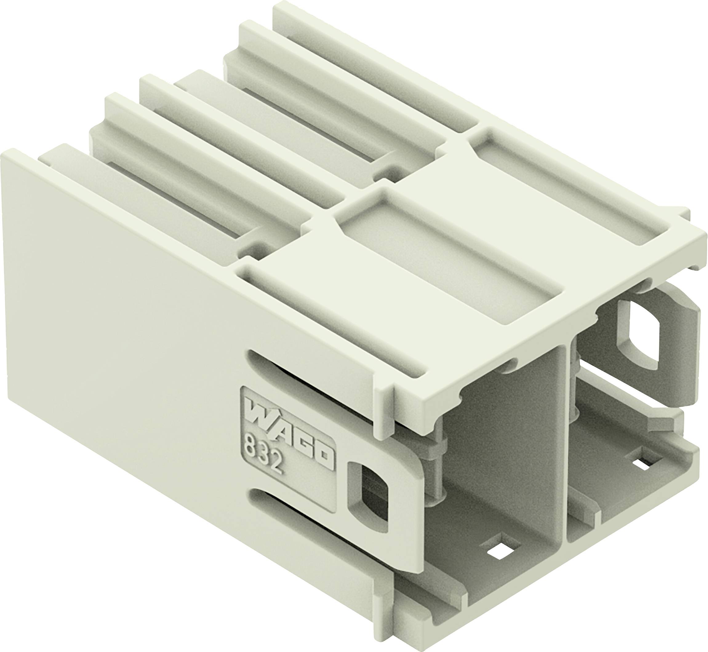 Ein graues Wago-Klemmleistenmodell 832 mit modularem Design und mehreren Anschllusspunkten, das für Elektroinstallationen verwendet wird.