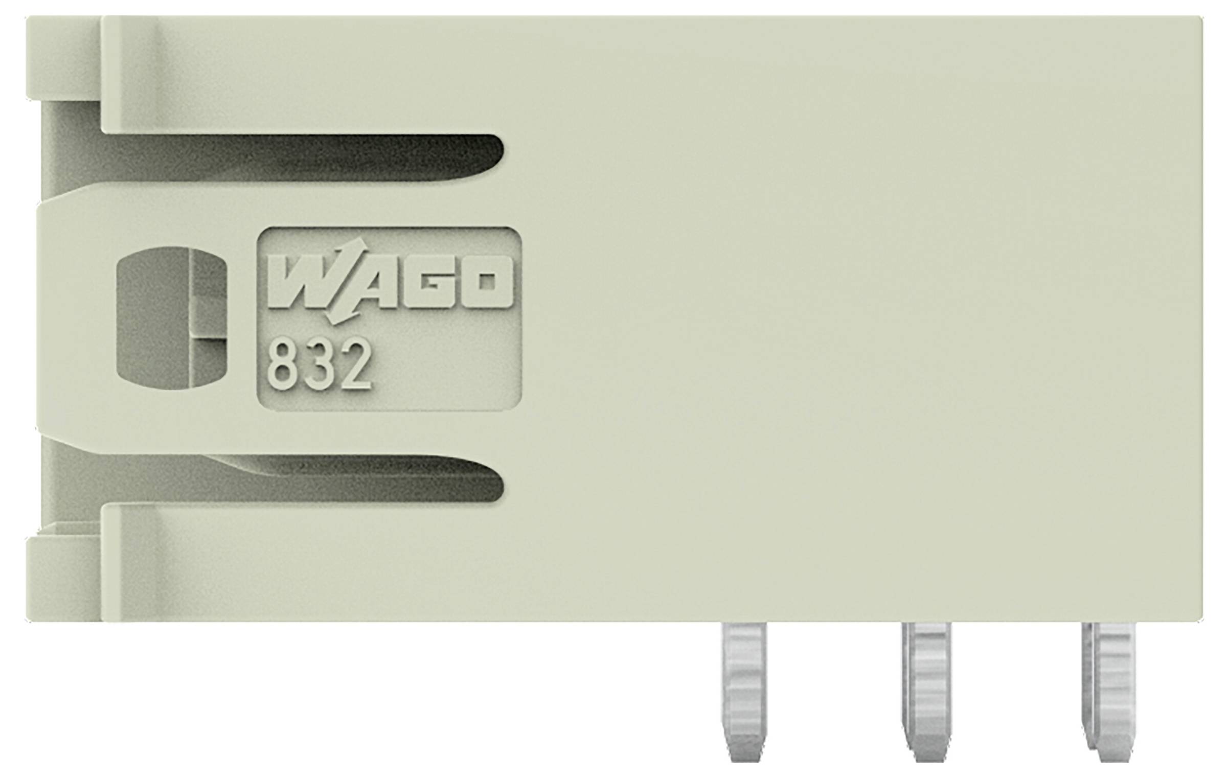 Ein WAGO 832-Stecker, von der Seite gezeigt, mit drei Metallstiften, die nach außen abstehen. Der Stecker ist mit „WAGO 832