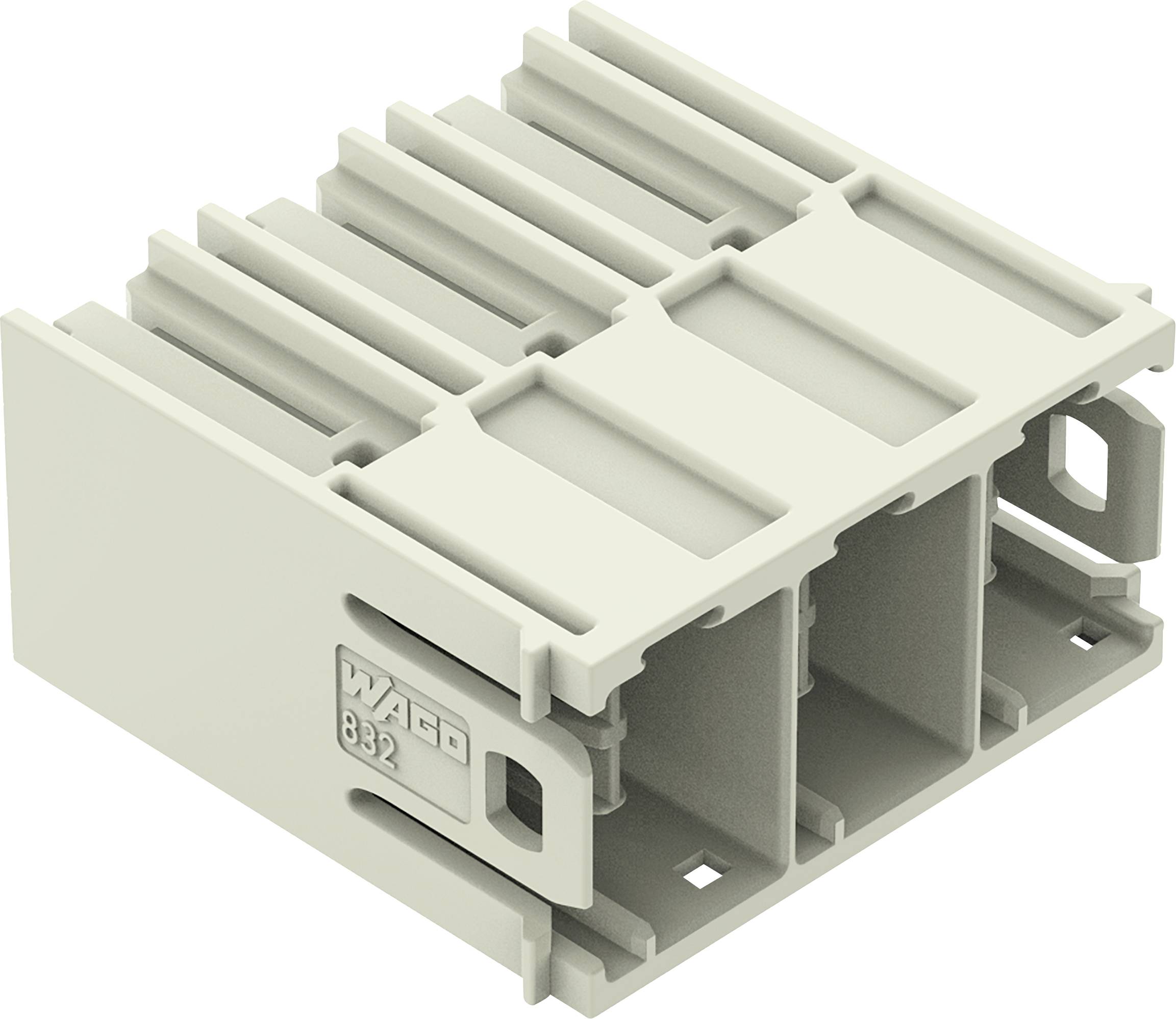 Ein hellgraues Elektrostecker mit mehreren Anschlüssen, mit Nuten und Schlitzen versehen, mit der Bezeichnung „WAGO 832