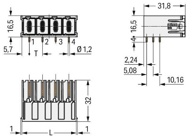 Mechanische Zeichnung einer Klemmleiste mit vier Anschlüssen mit den Abmessungen: Höhe 16,5 mm, Breite 31,8 mm, Tiefe 5,7 mm, Stiftabstand 5,08 mm.
