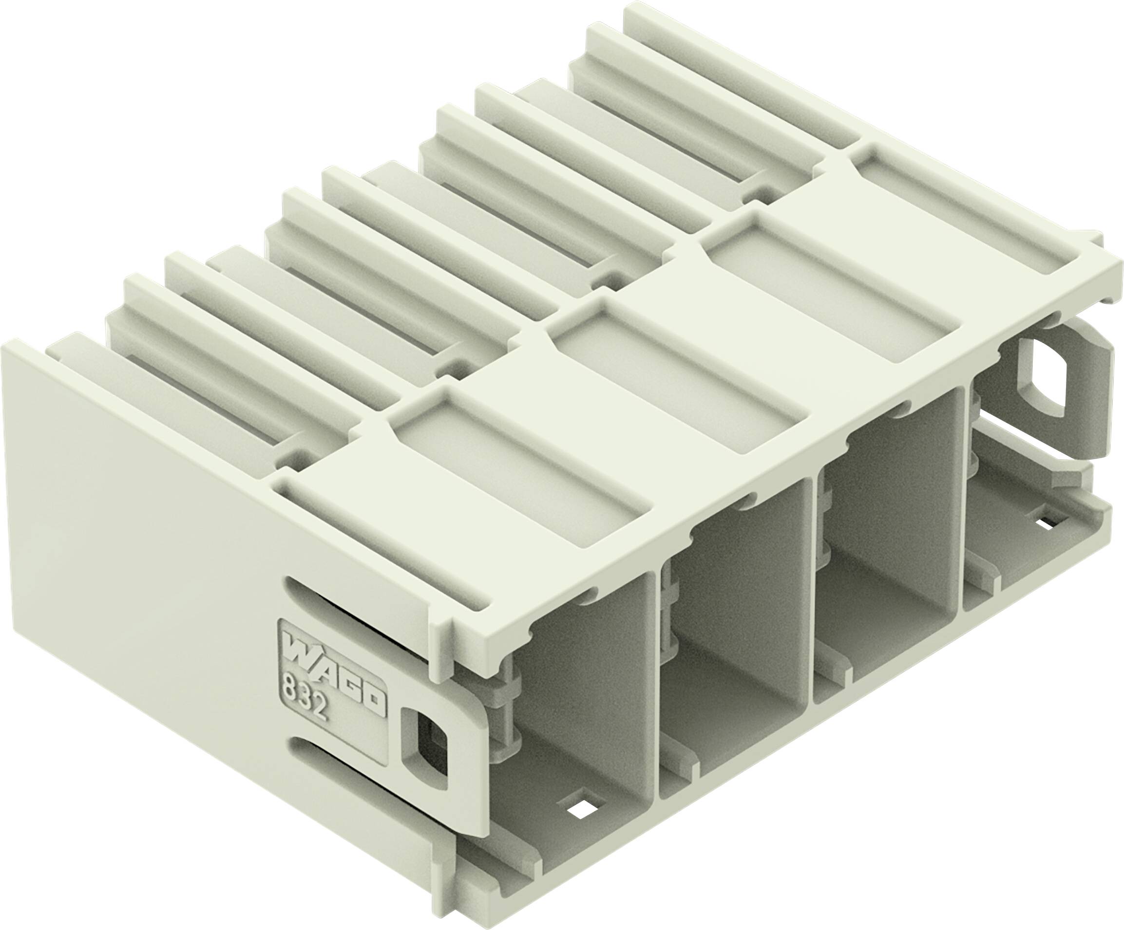 Ein beiger Elektrosteckverbinder mit drei Anschlüssen, entwickelt zum Verbinden von Drähten in Schaltkreisen. Die Modellnummer „832