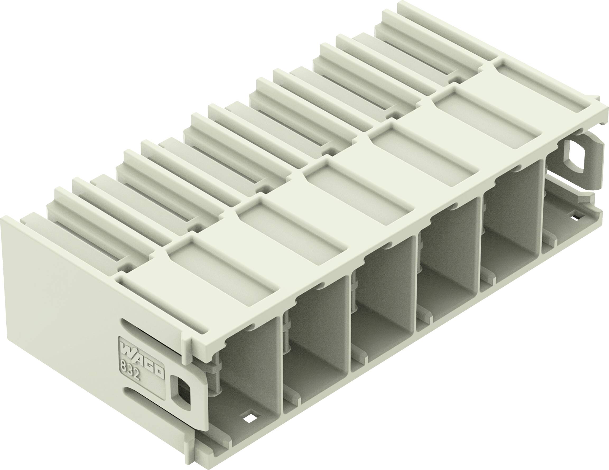 Eine beige Kunststoffkomponente mit mehreren Schlitzen, wahrscheinlich für elektrische Verbindungen oder Kabelorganisation verwendet.