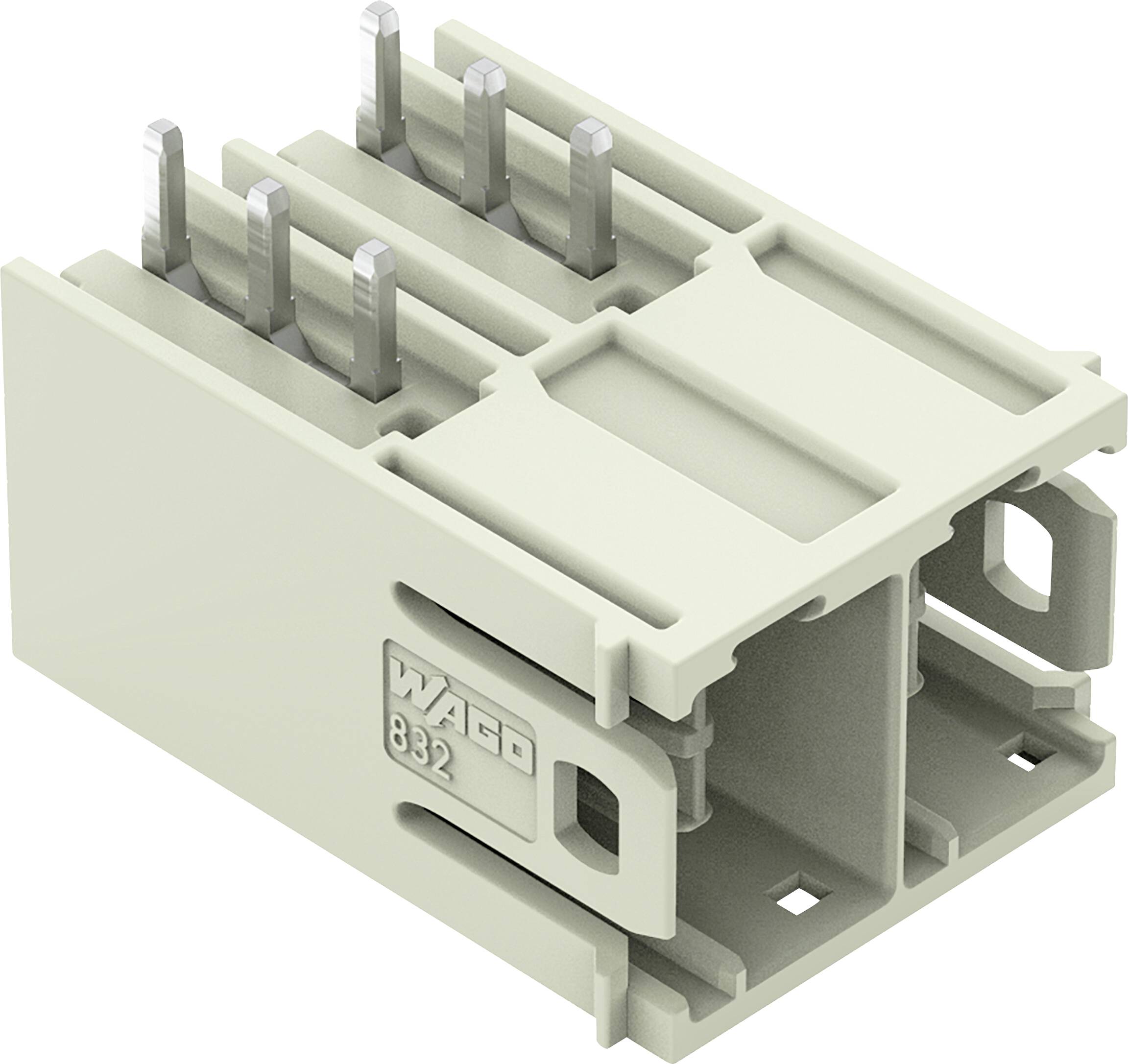 Ein grauer Stromverbindungsblock mit mehreren metallischen Stiften und der Nummer '832' auf der Seite geprägt.