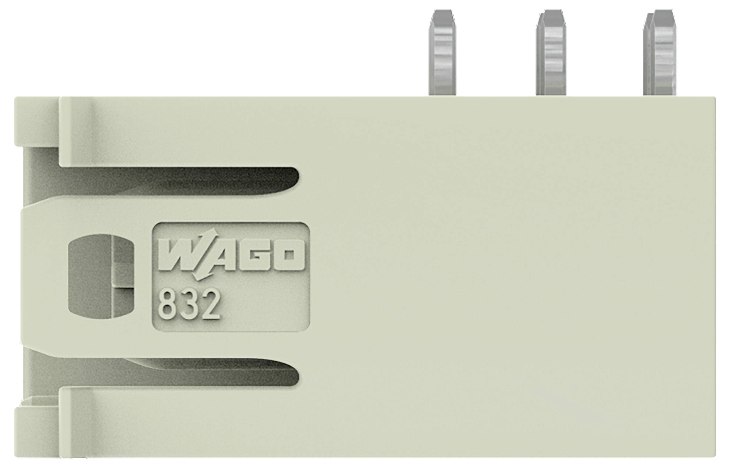 An electrical connector labeled 'WAGO 832', featuring three metal pins on one side, designed for wiring and circuit connections.