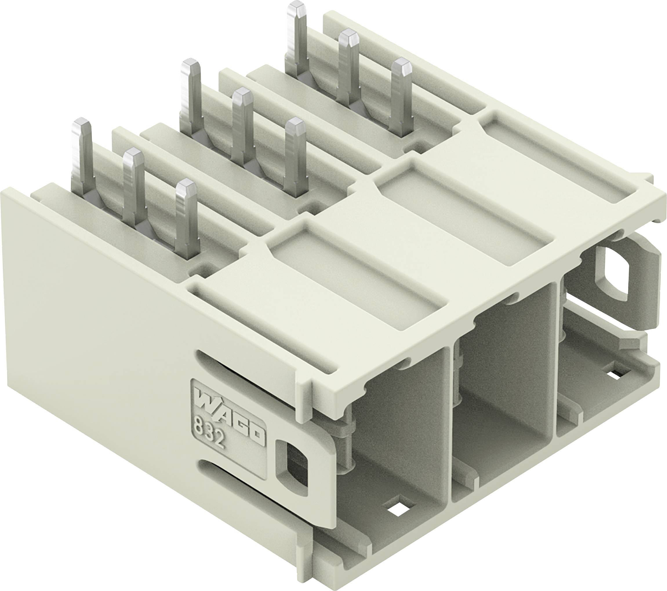 Ein graues, rechteckiges, 12-poliges elektronisches Steckermodul mit drei parallelen Reihen, auf dessen Seite die Markenbezeichnung „WAGO 832