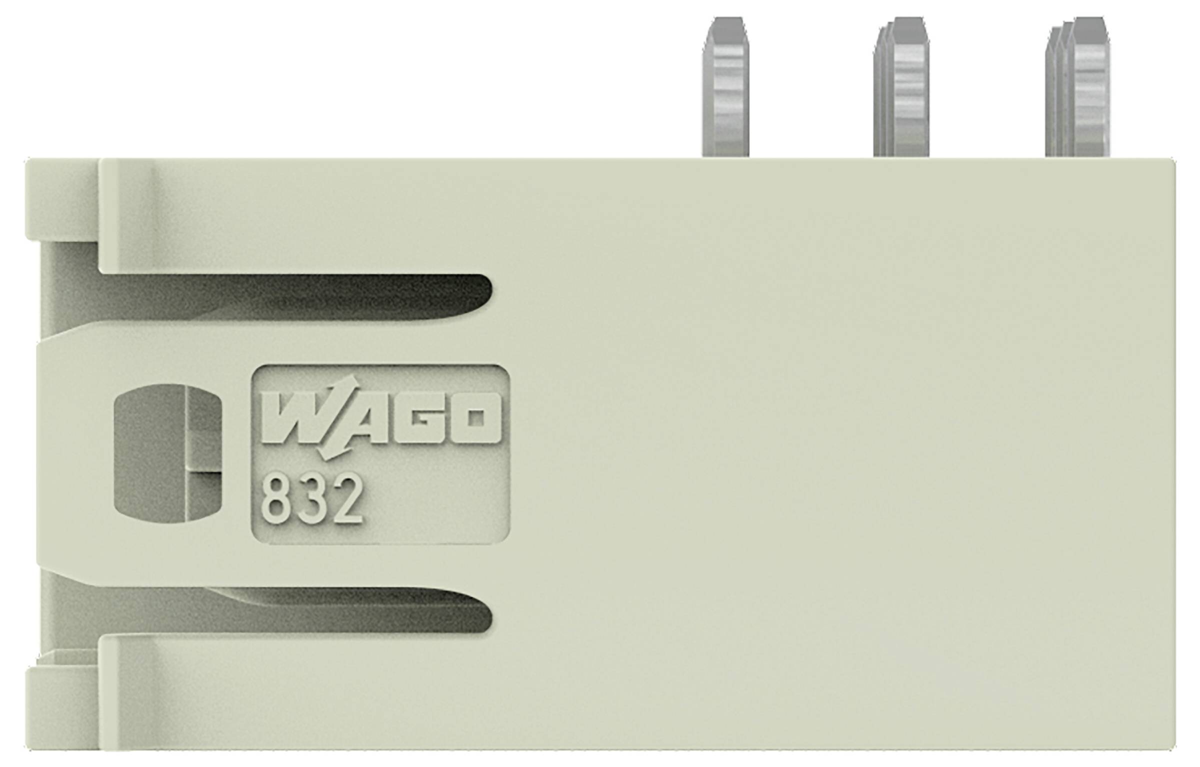Ein rechteckiger Wago 832 Elektrostecker in Beige mit drei Drahteinführungspunkten oben.