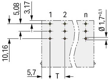 Diagramm eines Steckers mit Abmessungen: 5,08 mm vertikaler Abstand zwischen den Löchern, 3,17 mm horizontaler Abstand, 10,16 mm Gesamthöhe, 5,7 mm Basisbreite.