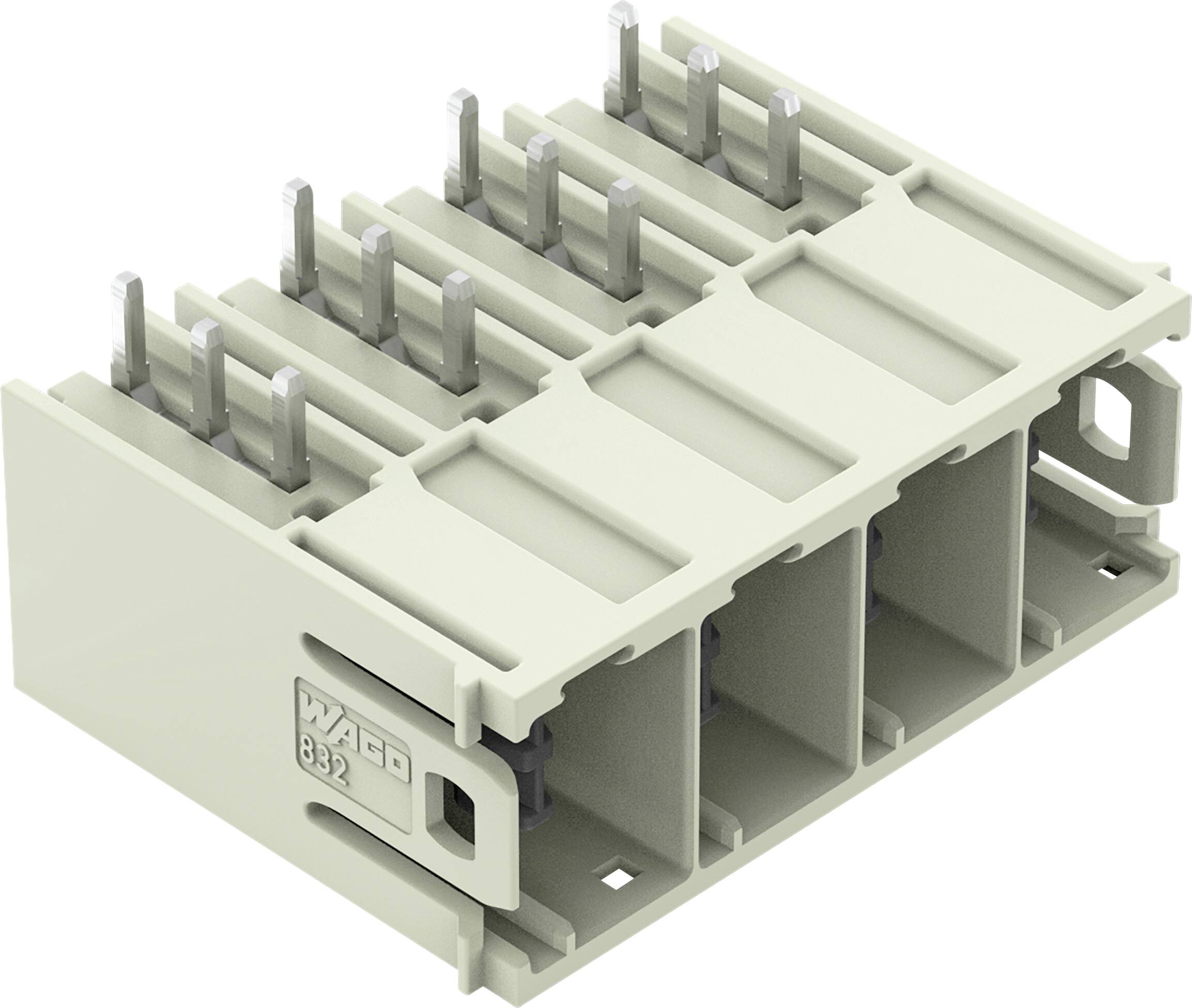 Ein graues Elektrostecker-Gehäuse mit mehreren Schlitzen und Metallstiften, beschriftet mit „WAGO 832