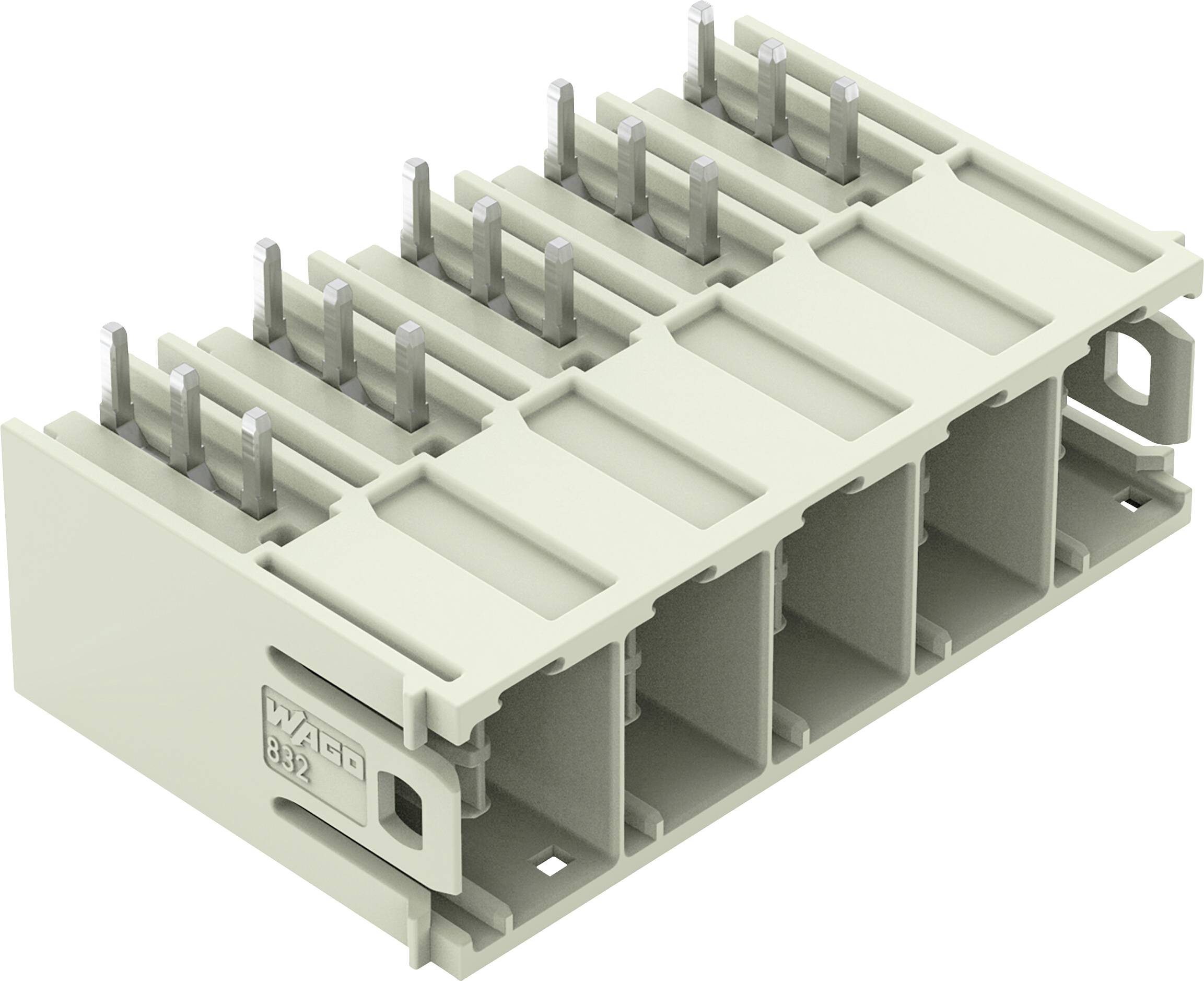 Eine Reihe von beigen, rechteckigen Elektrosteckverbindern mit Metallkontakten und gekennzeichnet mit „WAGO 832