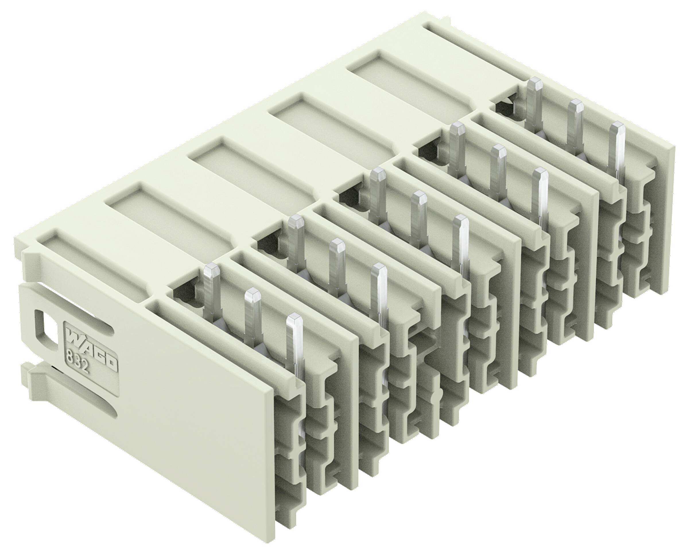 Wago 892er Reihe Steckverbinder mit mehreren Metallstiften für elektrische Verbindungen, in einer schrägen Draufsicht dargestellt.